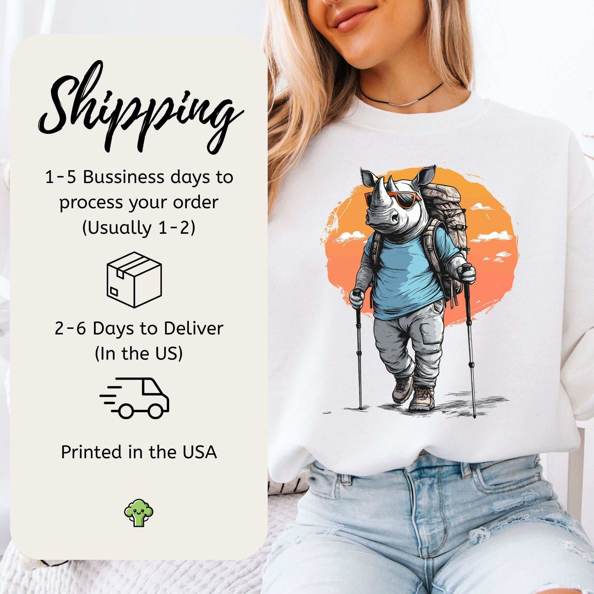 Sunset Hike with Rhino Sweatshirt – Bold Trekker with a Wild Sense of Humor