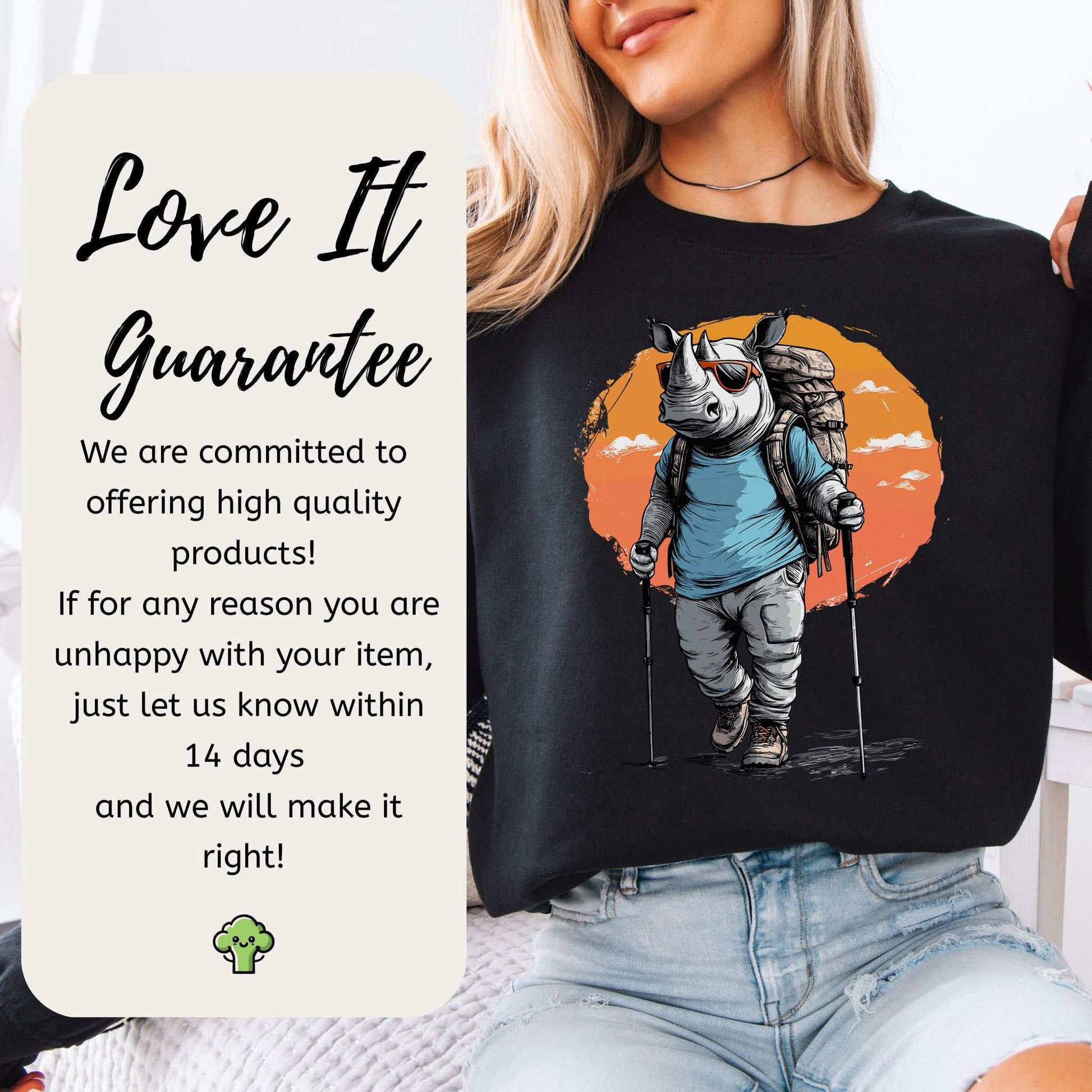 Sunset Hike with Rhino Sweatshirt – Bold Trekker with a Wild Sense of Humor
