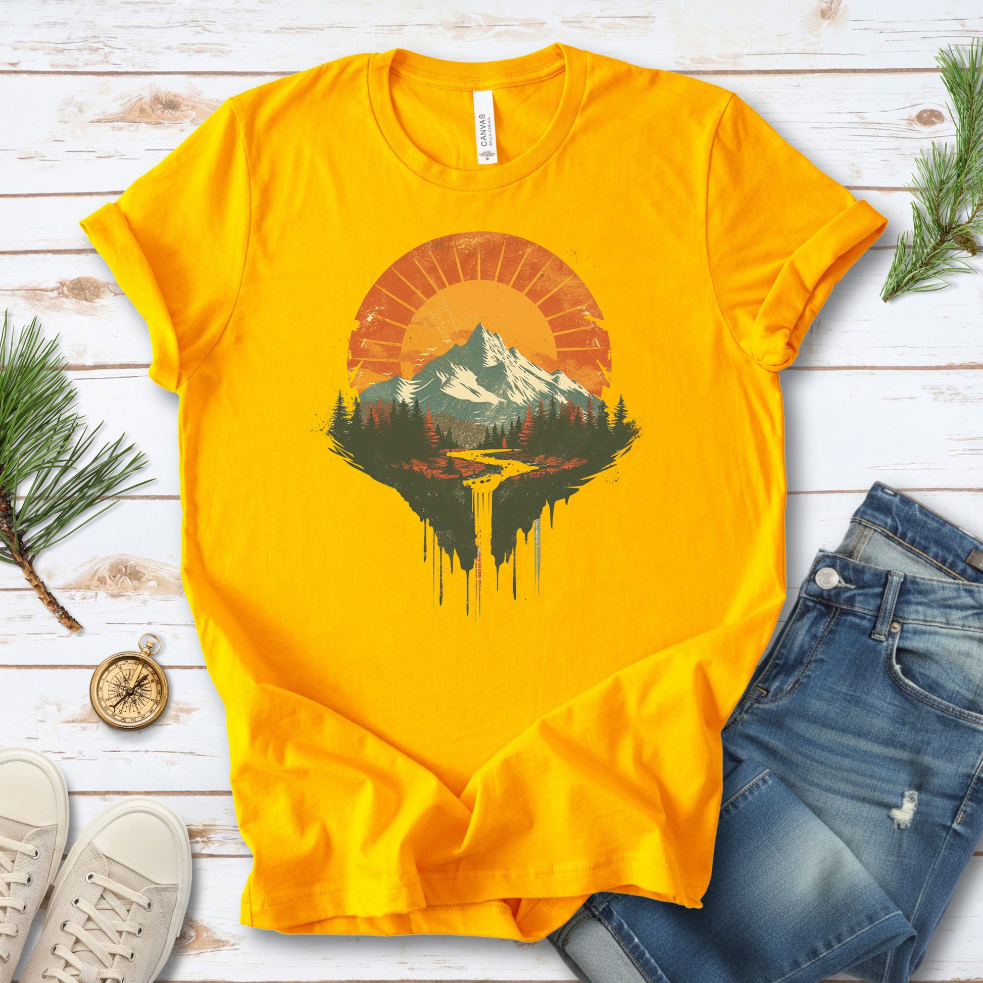 Sunfall Valley T-Shirt – Retro Mountain Sunset & Forest Waterfall Tee