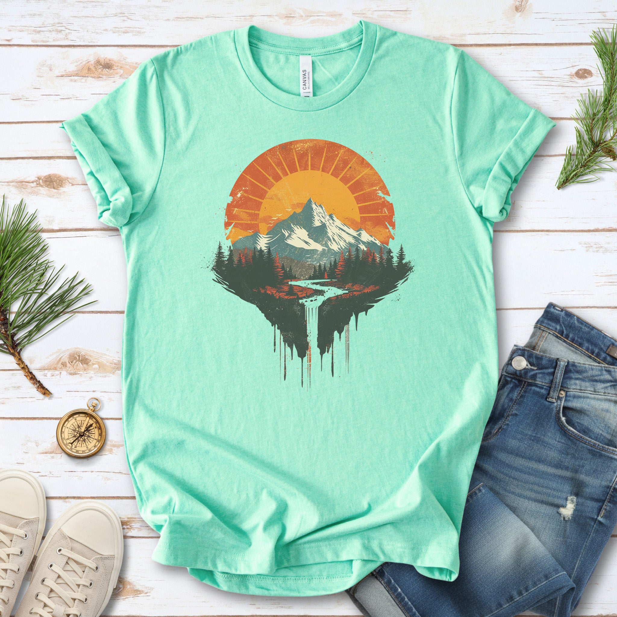 Sunfall Valley T-Shirt – Retro Mountain Sunset & Forest Waterfall Tee