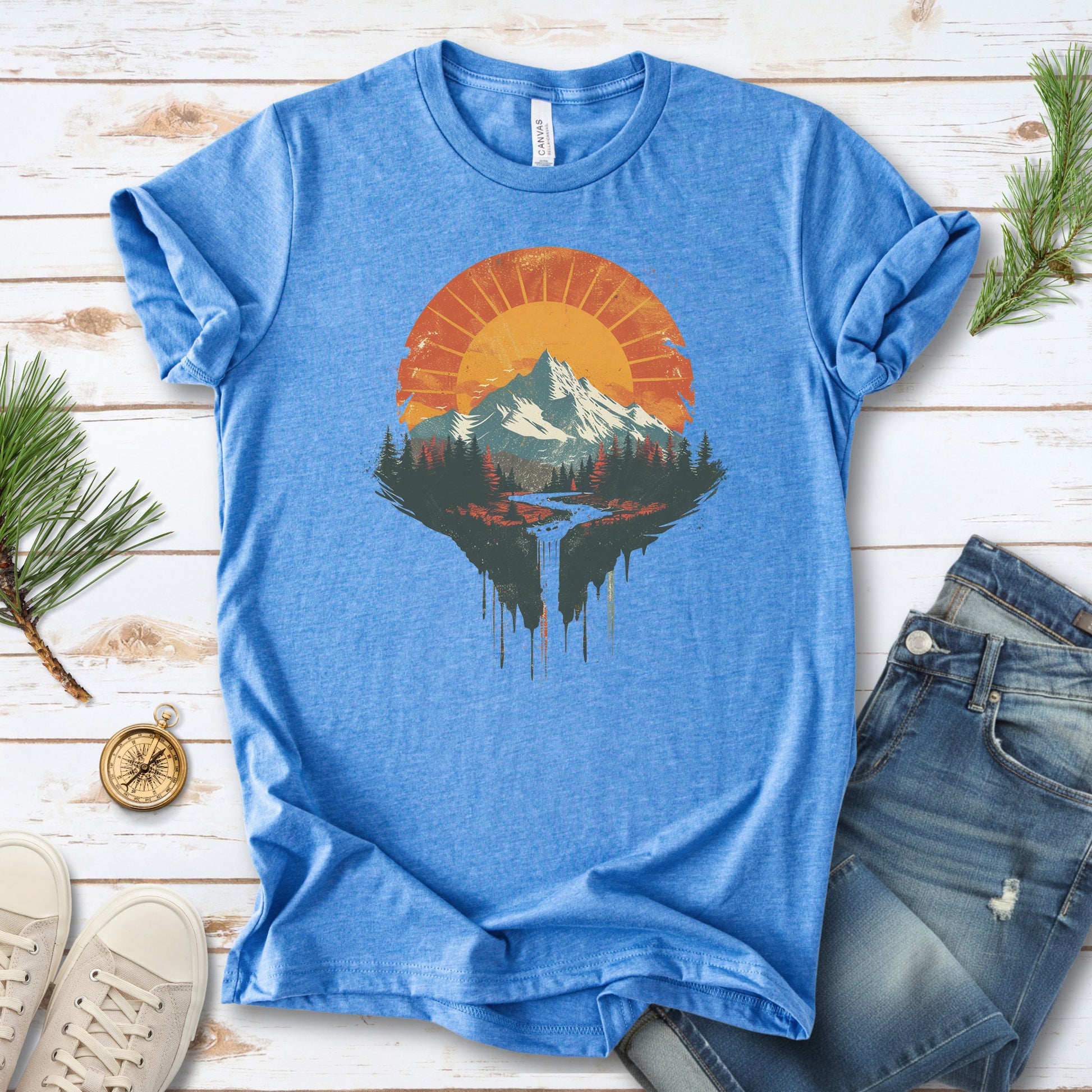 Sunfall Valley T-Shirt – Retro Mountain Sunset & Forest Waterfall Tee