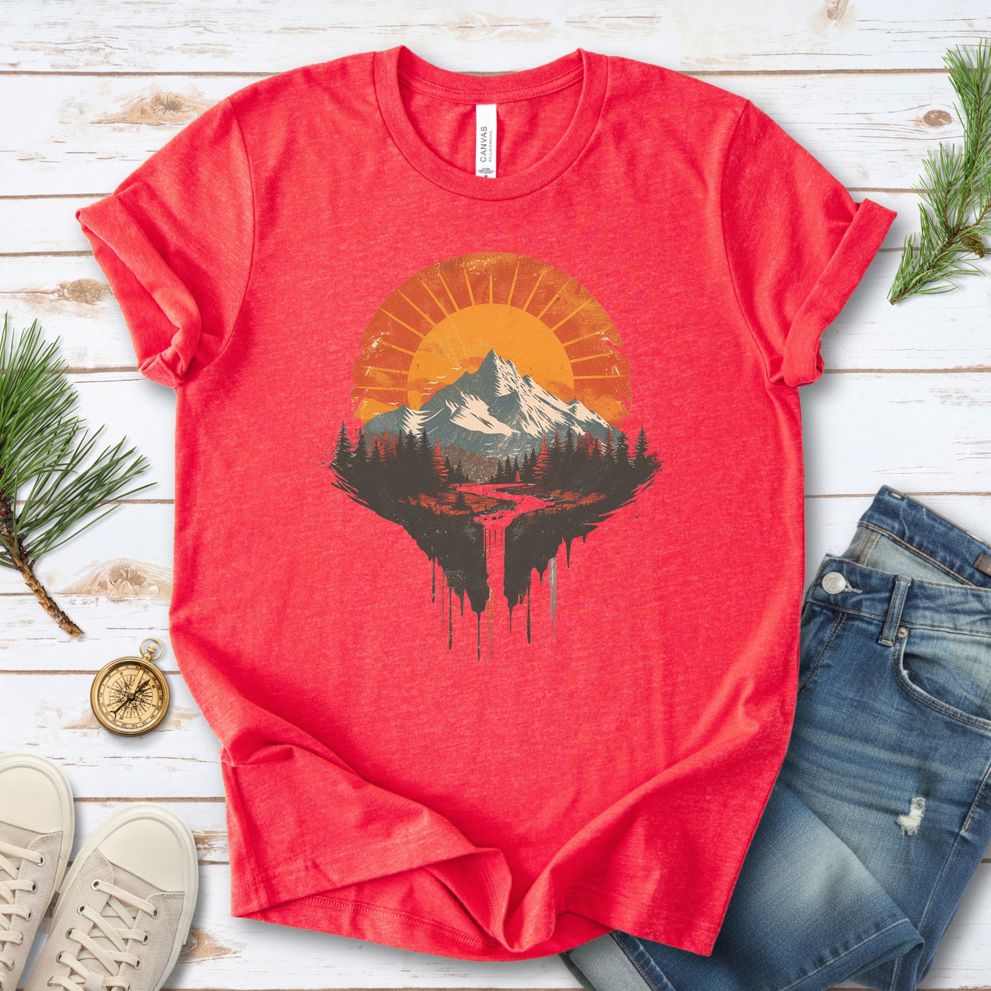 Sunfall Valley T-Shirt – Retro Mountain Sunset & Forest Waterfall Tee