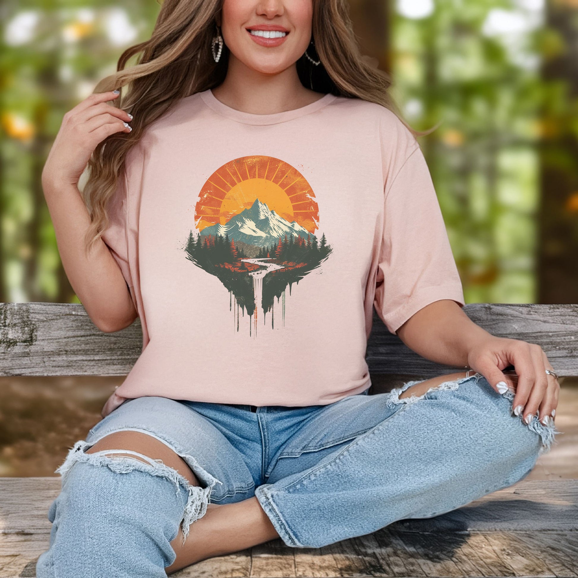 Sunfall Valley T-Shirt – Retro Mountain Sunset & Forest Waterfall Tee