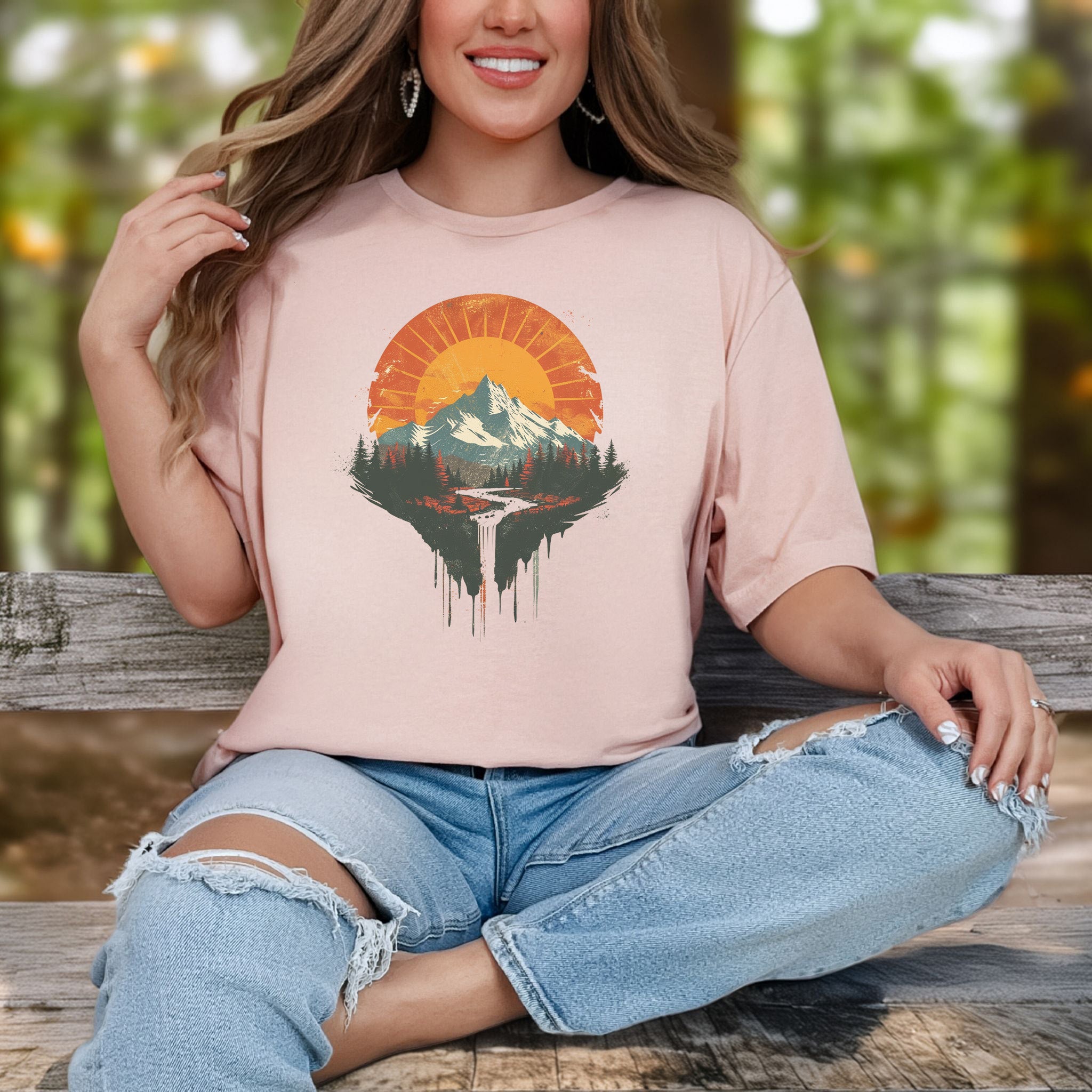 Sunfall Valley T-Shirt – Retro Mountain Sunset & Forest Waterfall Tee