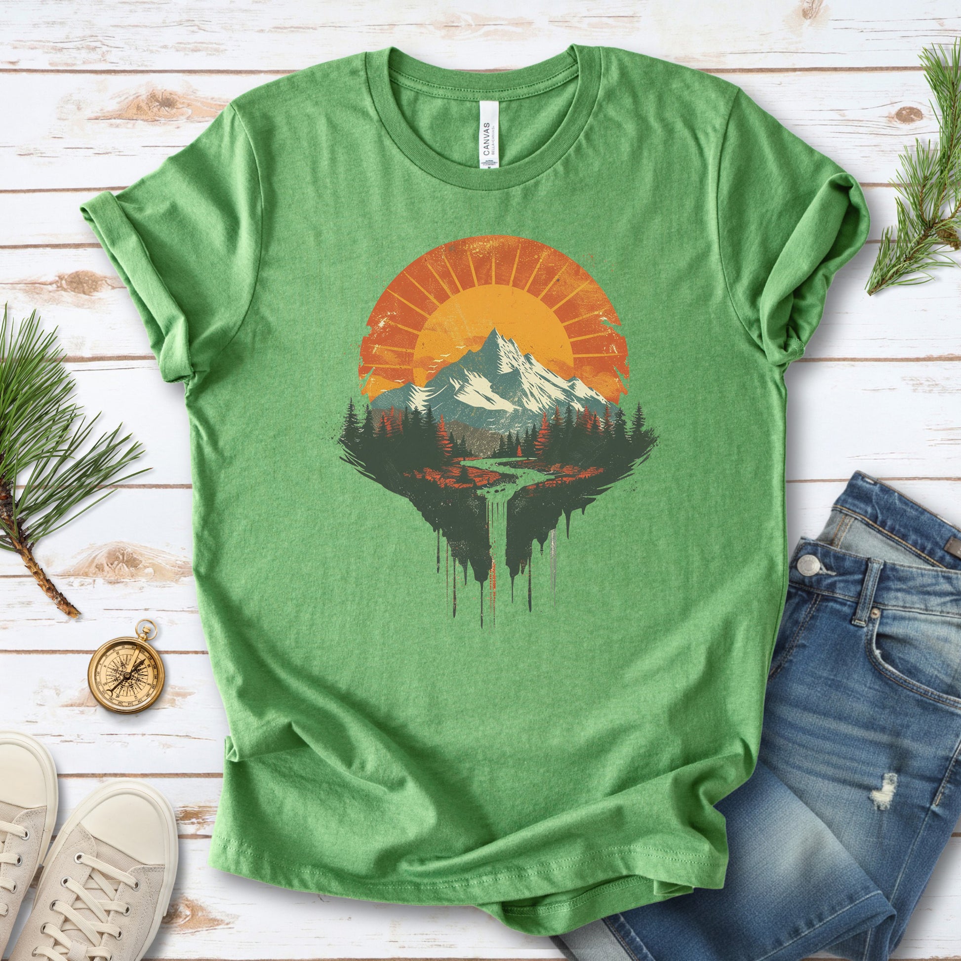 Sunfall Valley T-Shirt – Retro Mountain Sunset & Forest Waterfall Tee