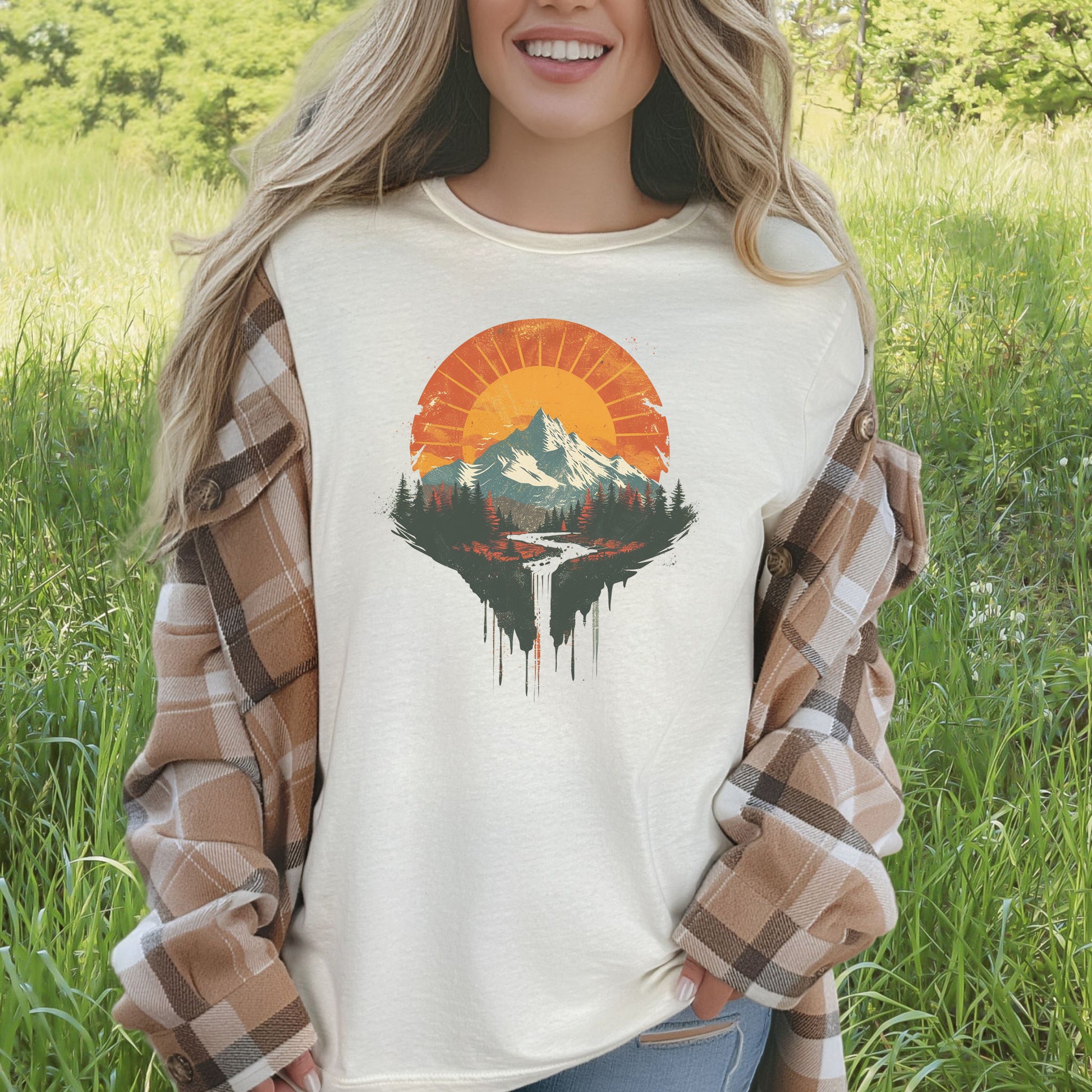 Sunfall Valley T-Shirt – Retro Mountain Sunset & Forest Waterfall Tee