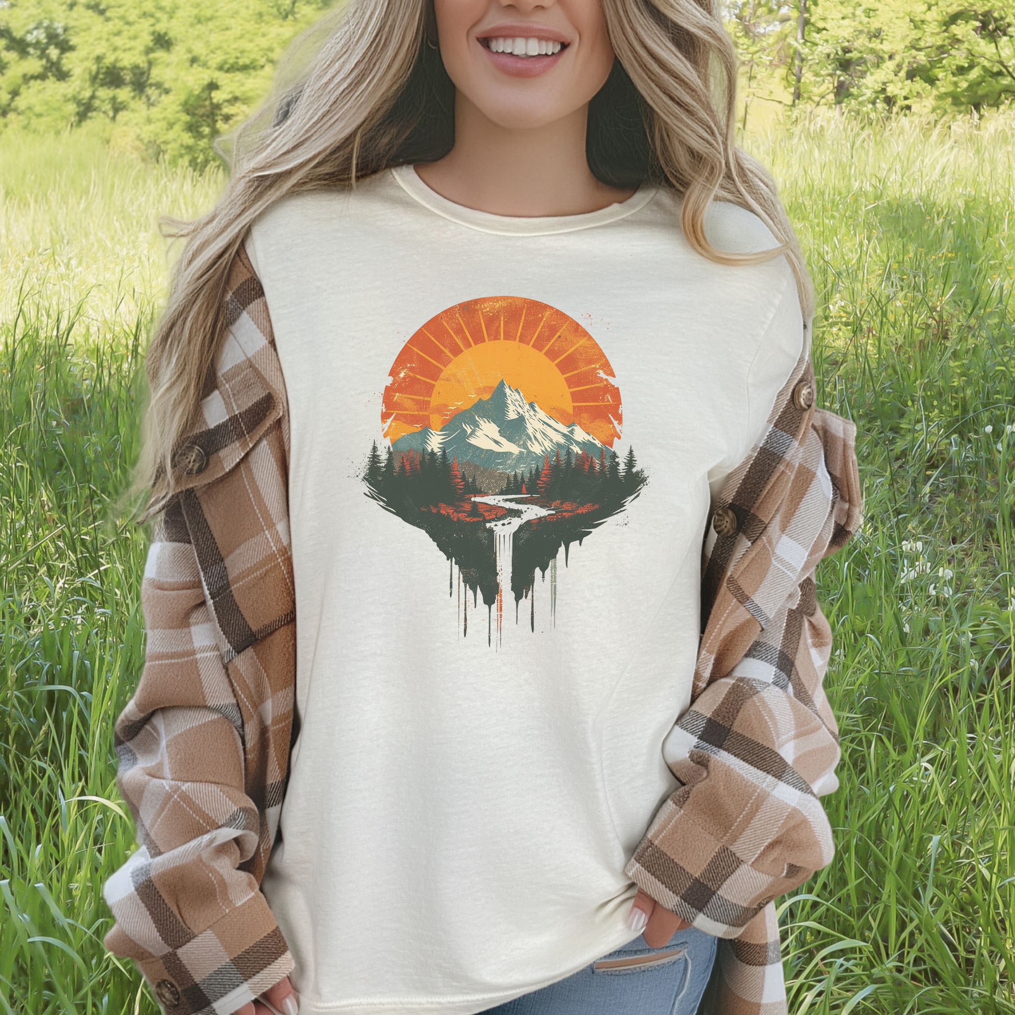 Sunfall Valley T-Shirt – Retro Mountain Sunset & Forest Waterfall Tee