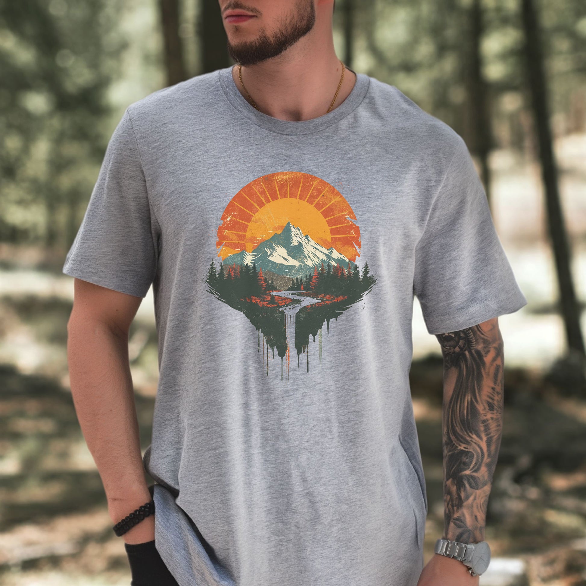 Sunfall Valley T-Shirt – Retro Mountain Sunset & Forest Waterfall Tee