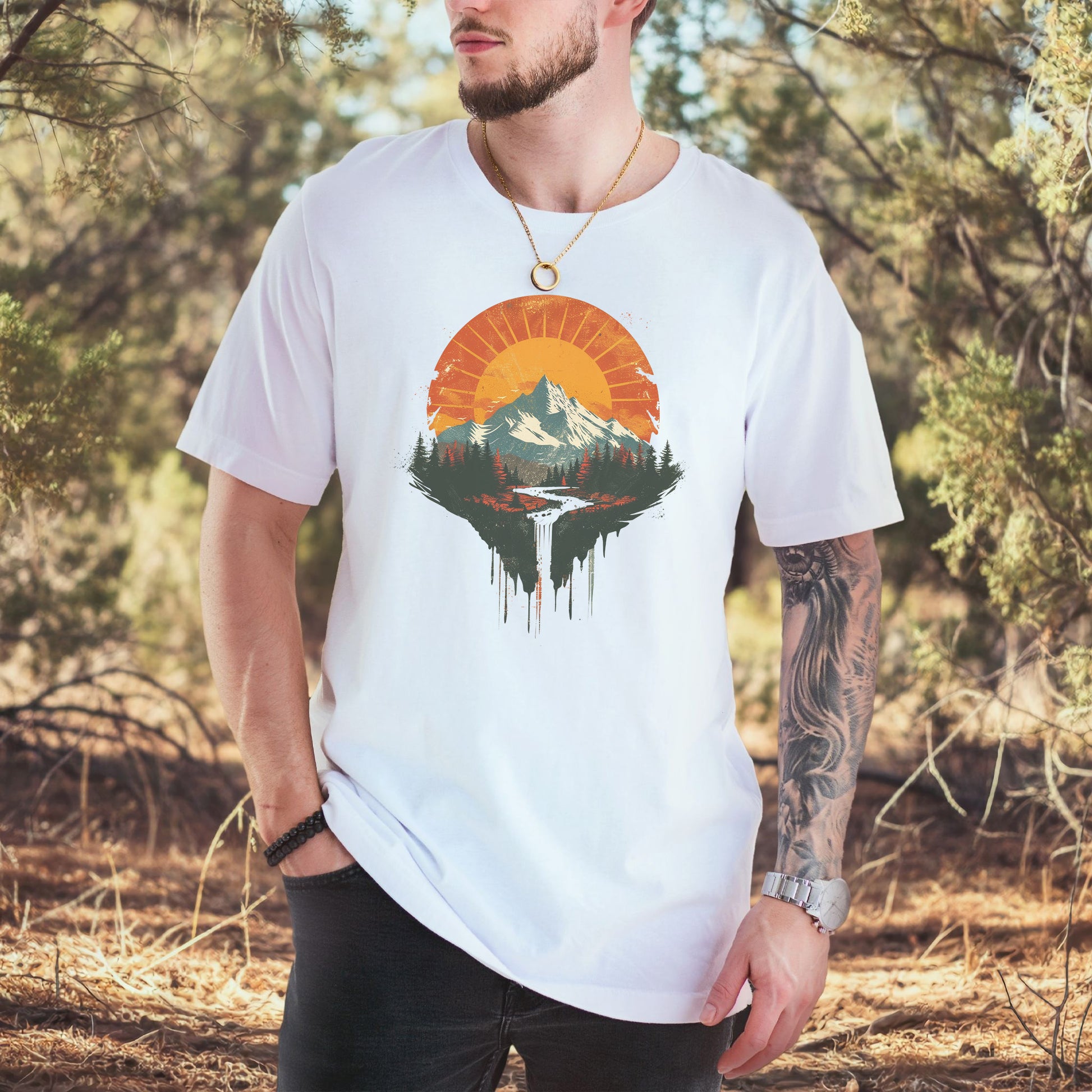Sunfall Valley T-Shirt – Retro Mountain Sunset & Forest Waterfall Tee