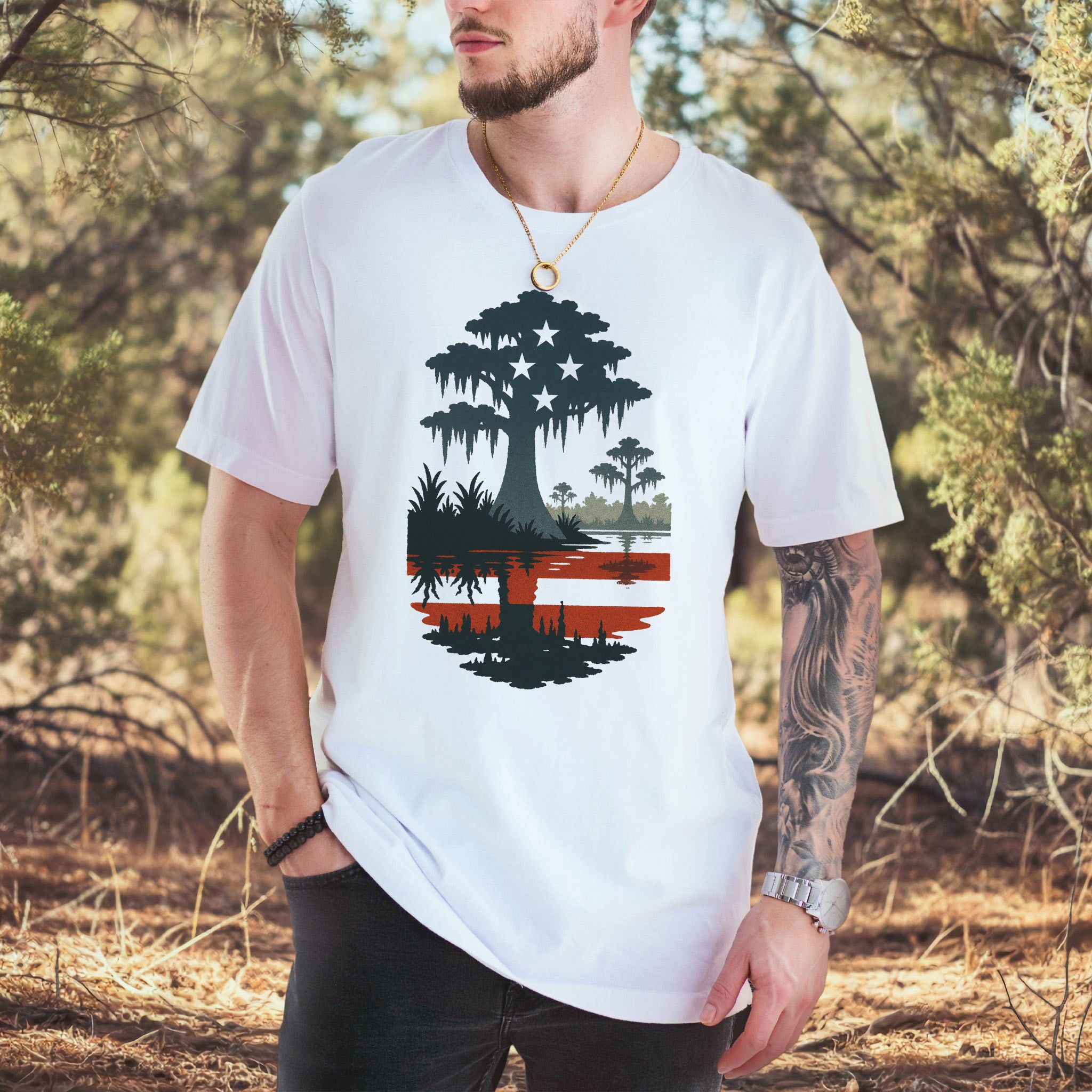 Patriotic Swamp Scene T-Shirt – Bayou & Everglades 4th of July Tee