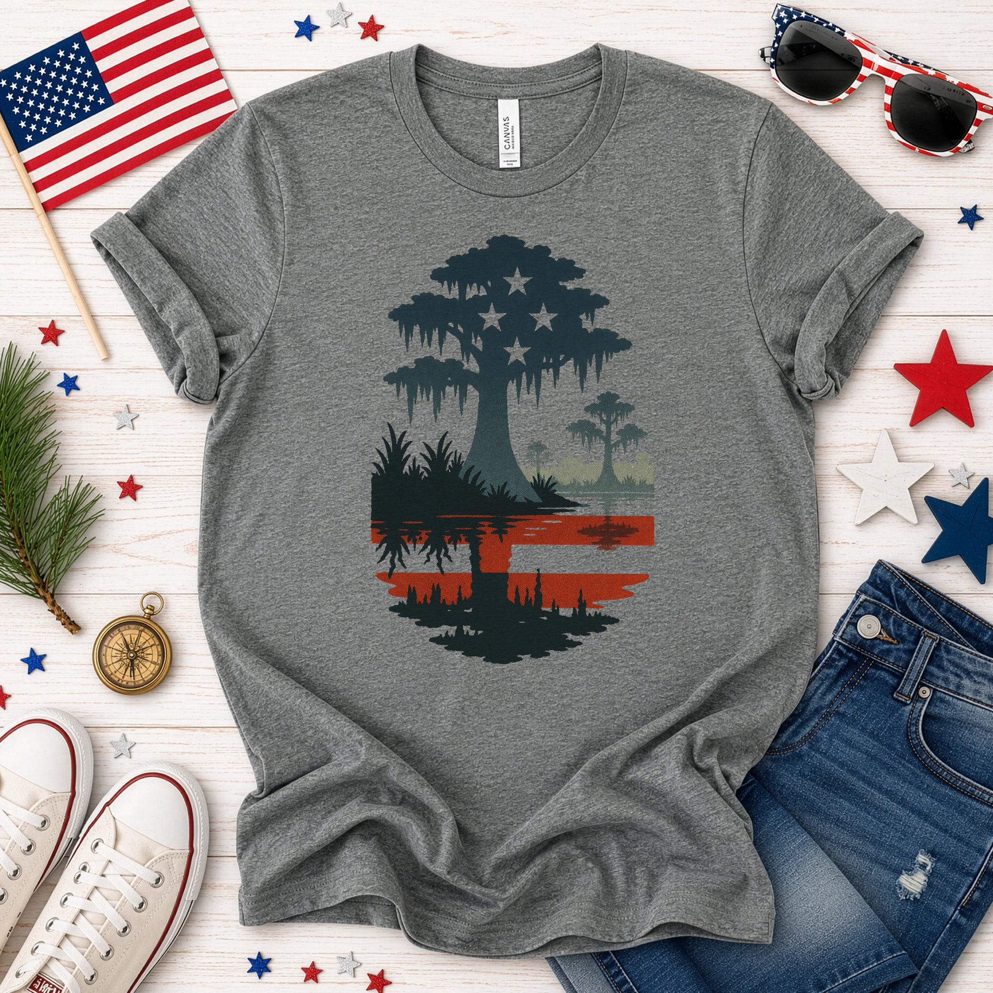 Patriotic Swamp Scene T-Shirt – Bayou & Everglades 4th of July Tee
