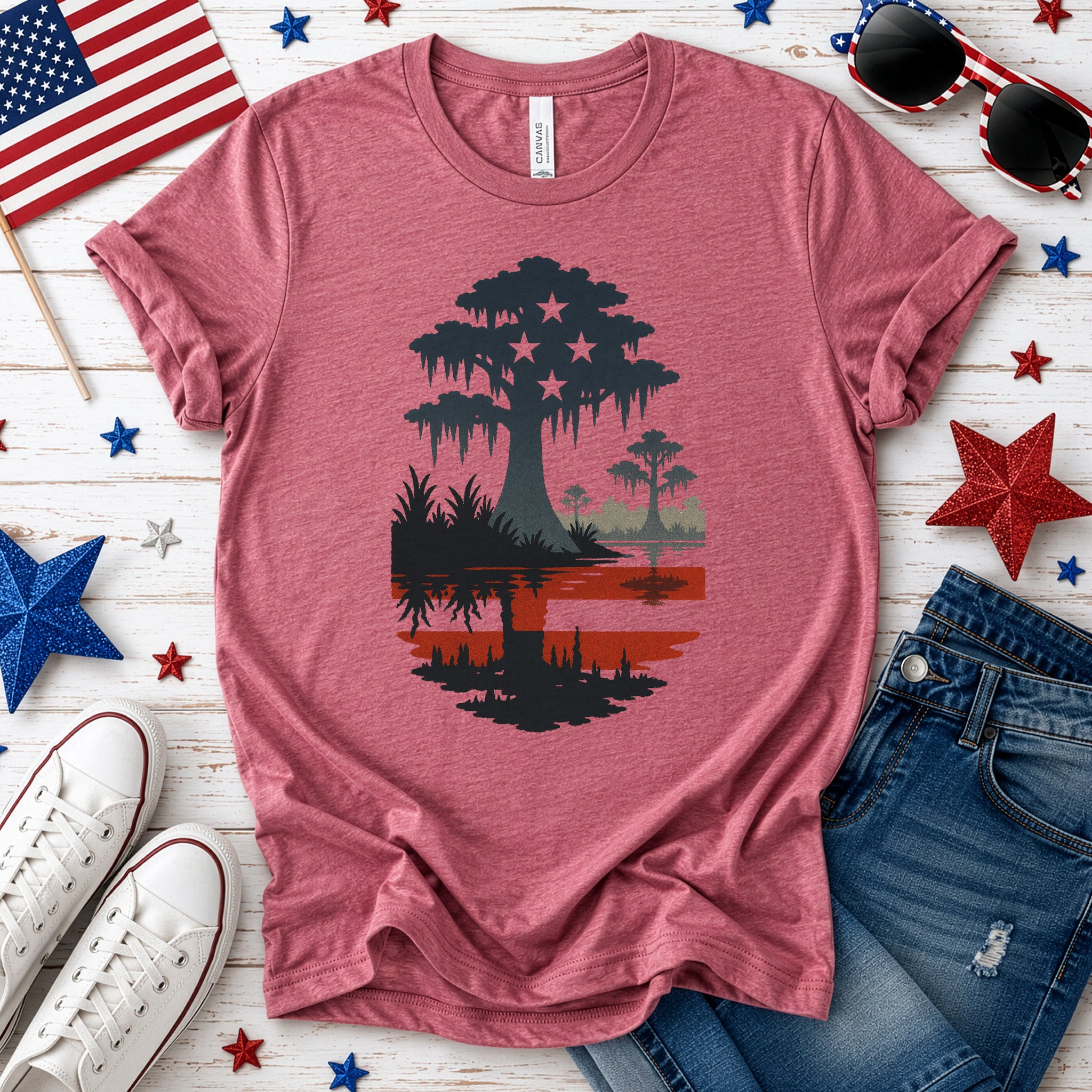 Patriotic Swamp Scene T-Shirt – Bayou & Everglades 4th of July Tee