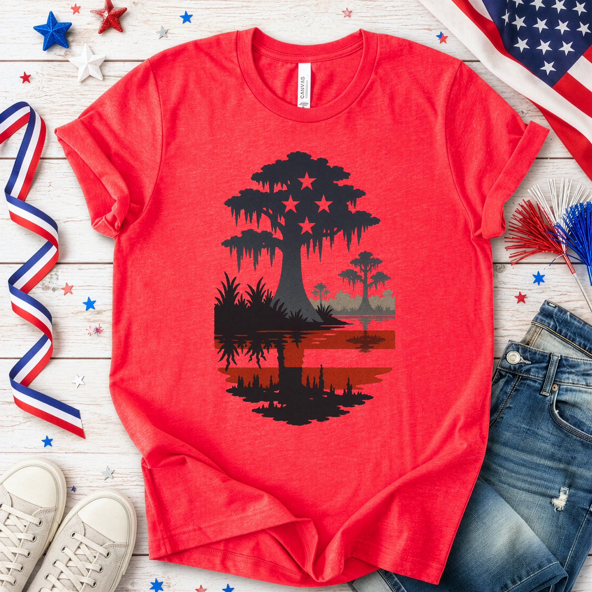 Patriotic Swamp Scene T-Shirt – Bayou & Everglades 4th of July Tee