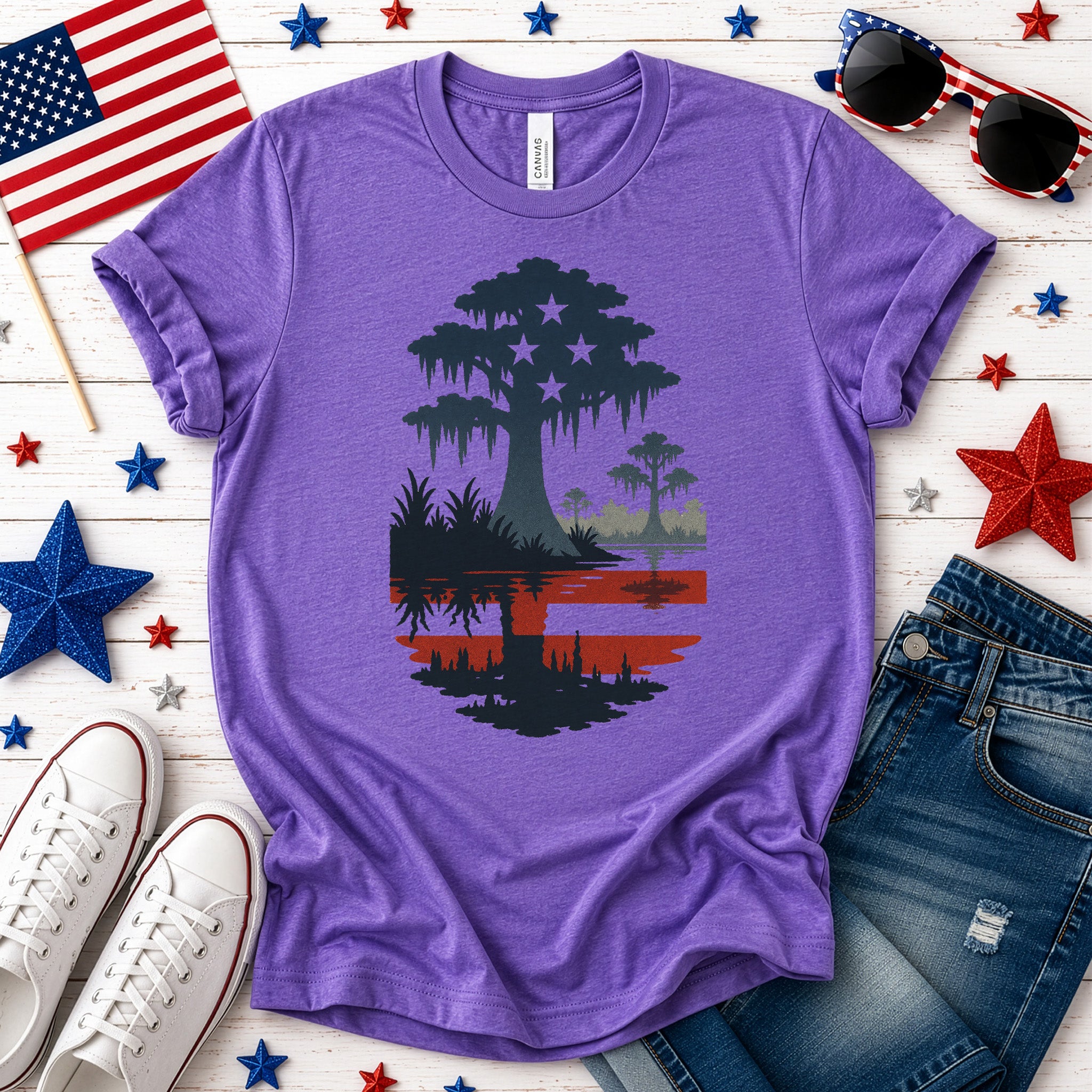Patriotic Swamp Scene T-Shirt – Bayou & Everglades 4th of July Tee