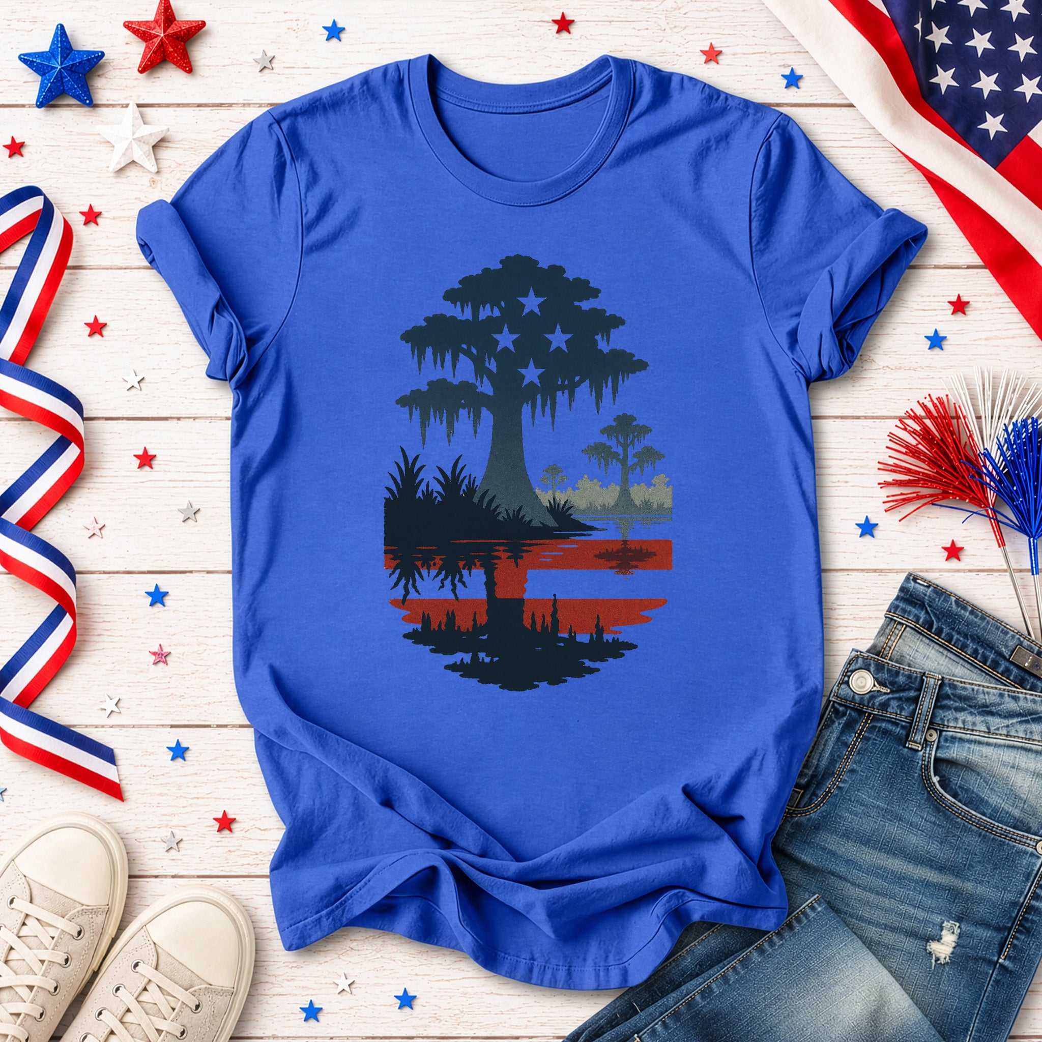 Patriotic Swamp Scene T-Shirt – Bayou & Everglades 4th of July Tee