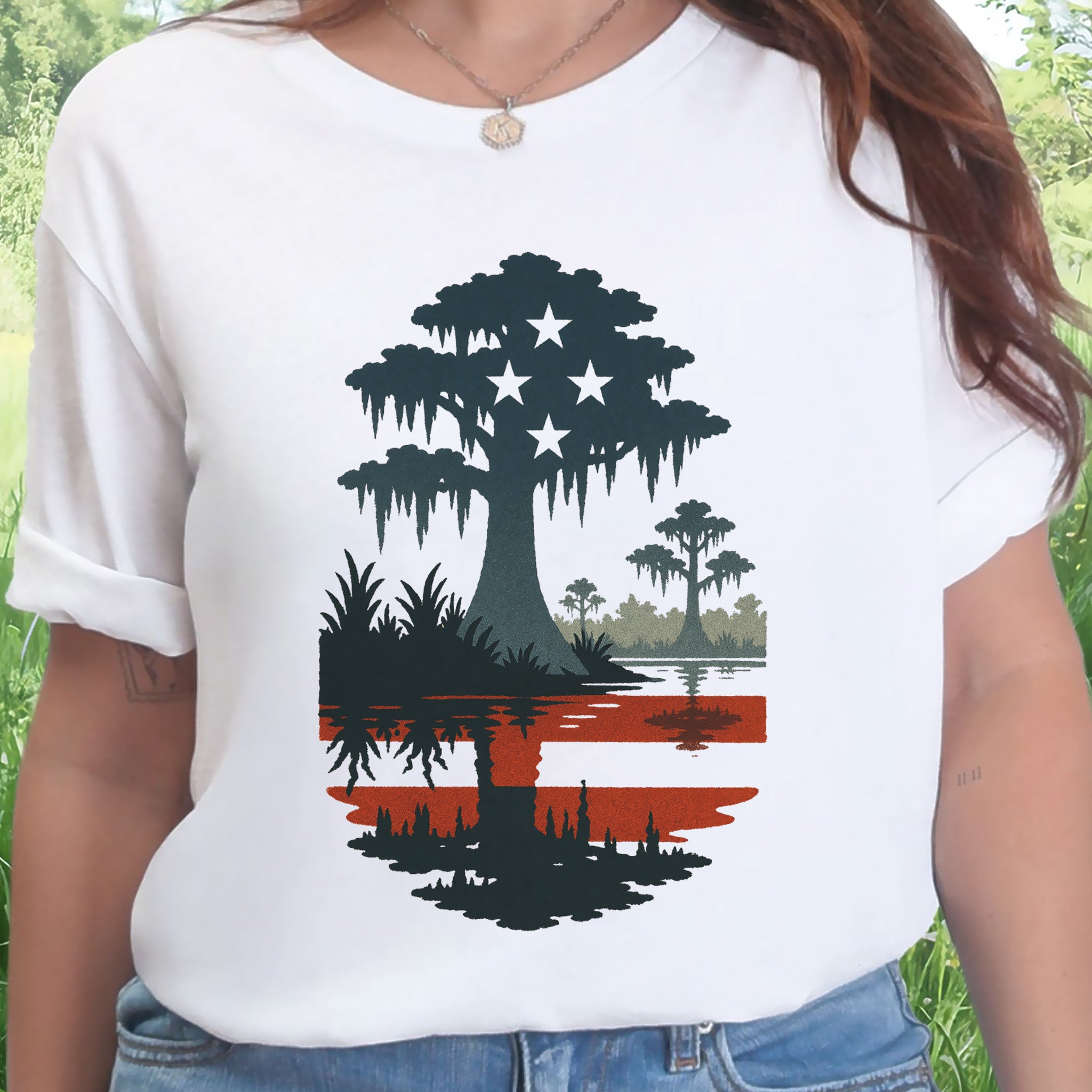 Patriotic Swamp Scene T-Shirt – Bayou & Everglades 4th of July Tee