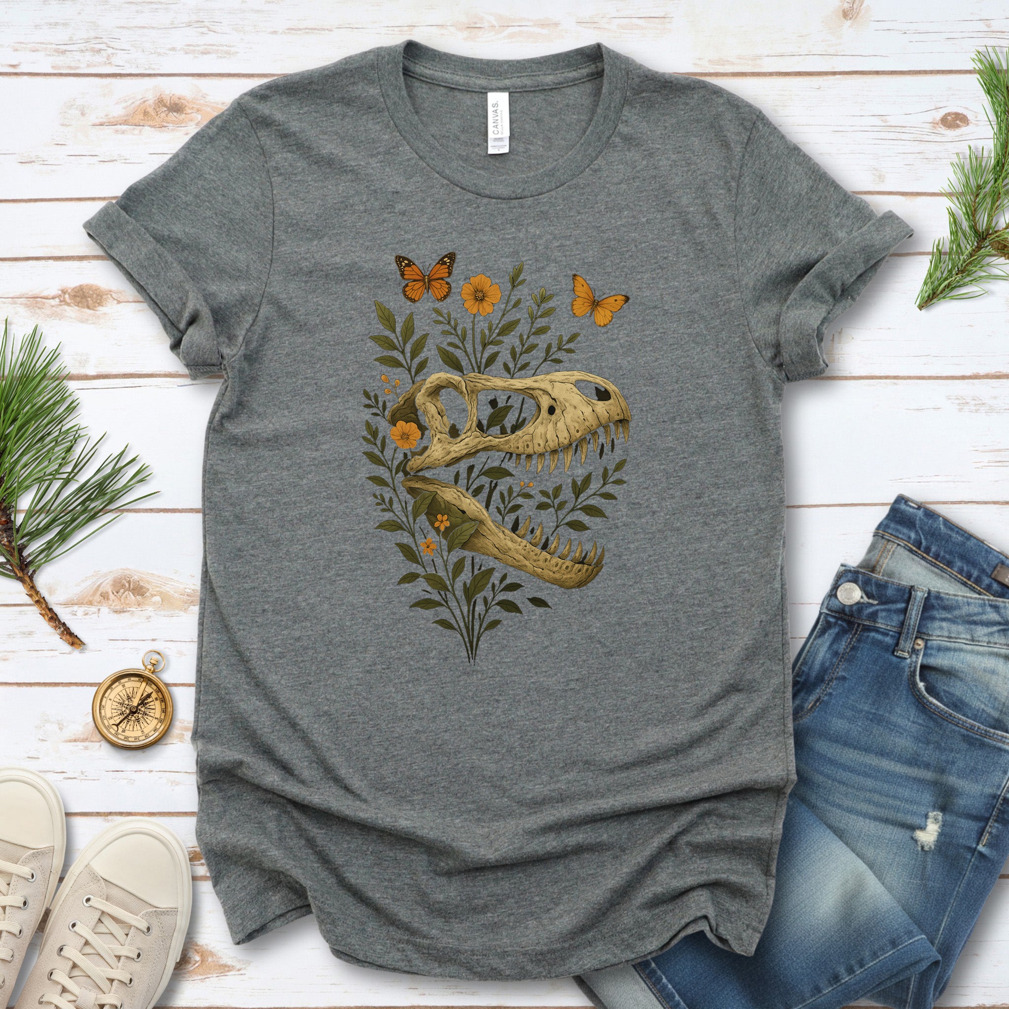 T-Rex Skull with Flowers & Butterflies T-Shirt – Vintage Dino Lover Tee