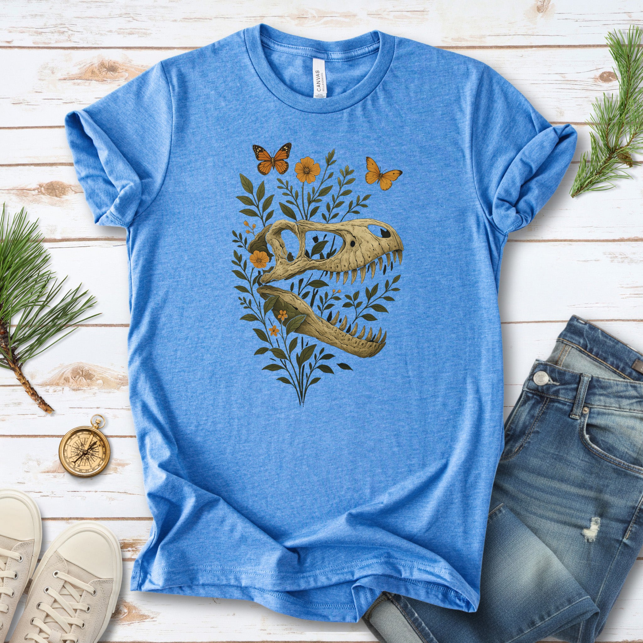 T-Rex Skull with Flowers & Butterflies T-Shirt – Vintage Dino Lover Tee