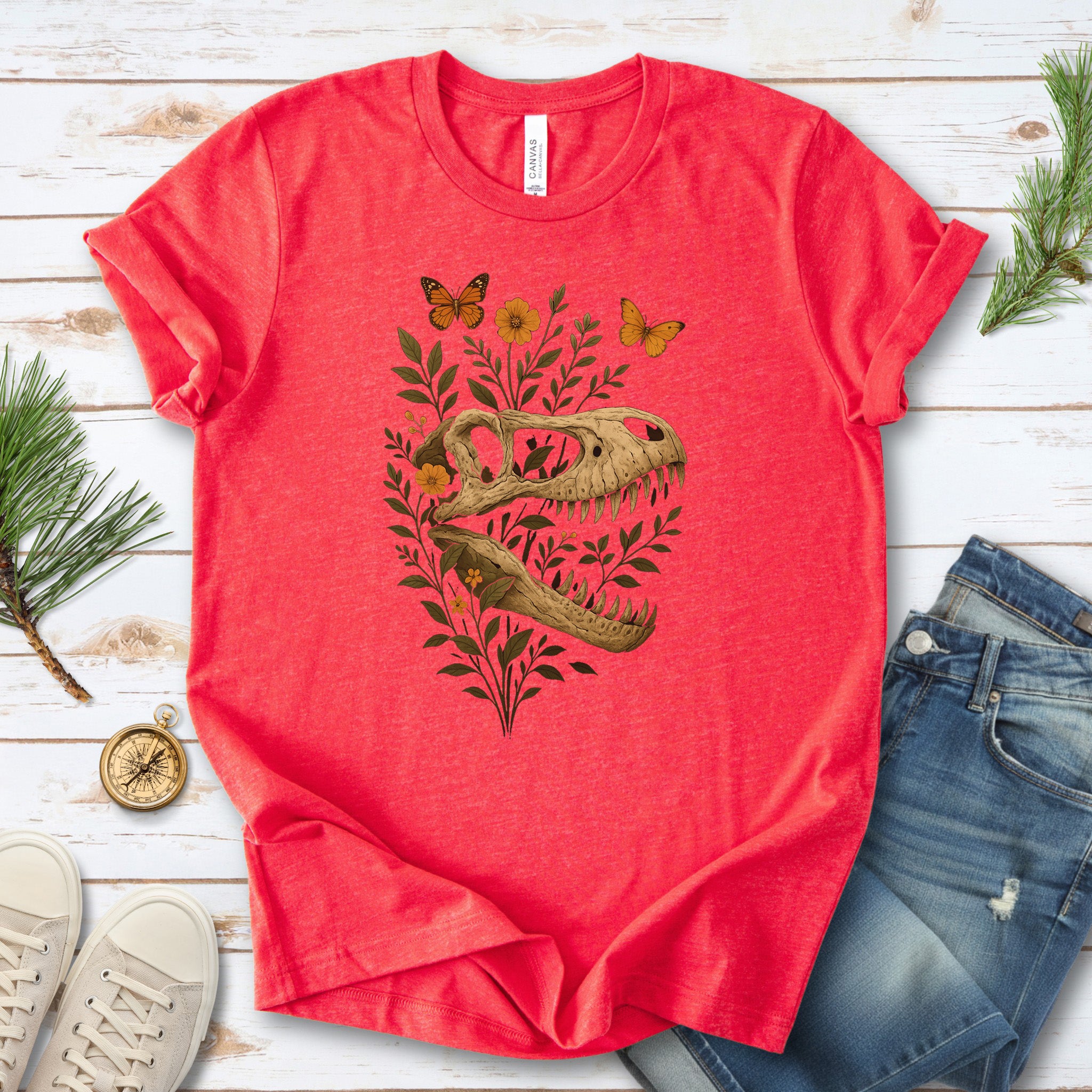 T-Rex Skull with Flowers & Butterflies T-Shirt – Vintage Dino Lover Tee