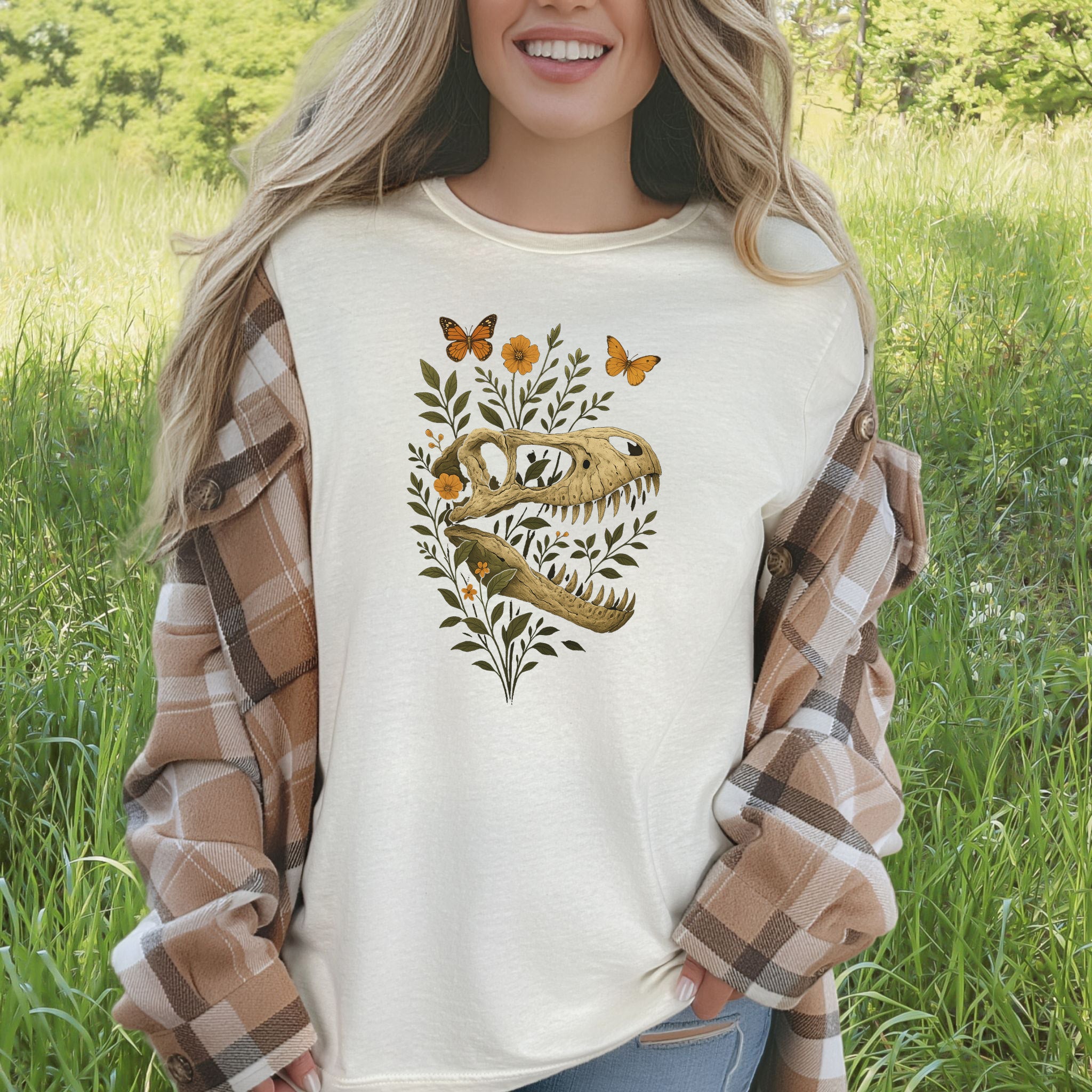 T-Rex Skull with Flowers & Butterflies T-Shirt – Vintage Dino Lover Tee