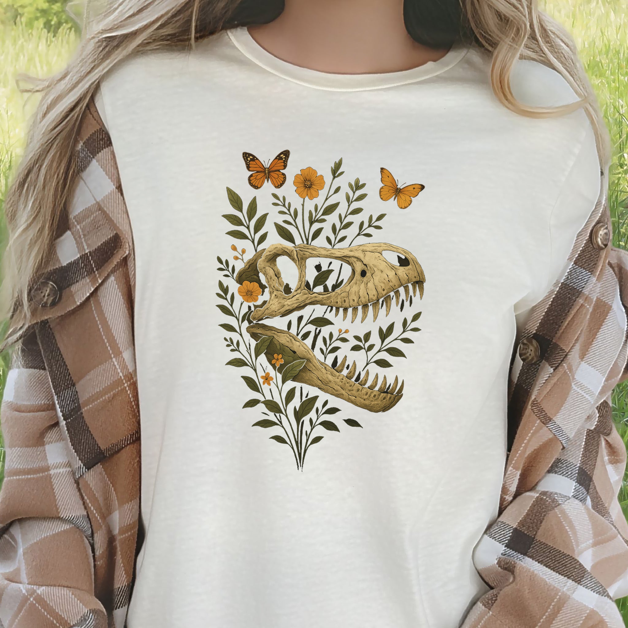 T-Rex Skull with Flowers & Butterflies T-Shirt – Vintage Dino Lover Tee