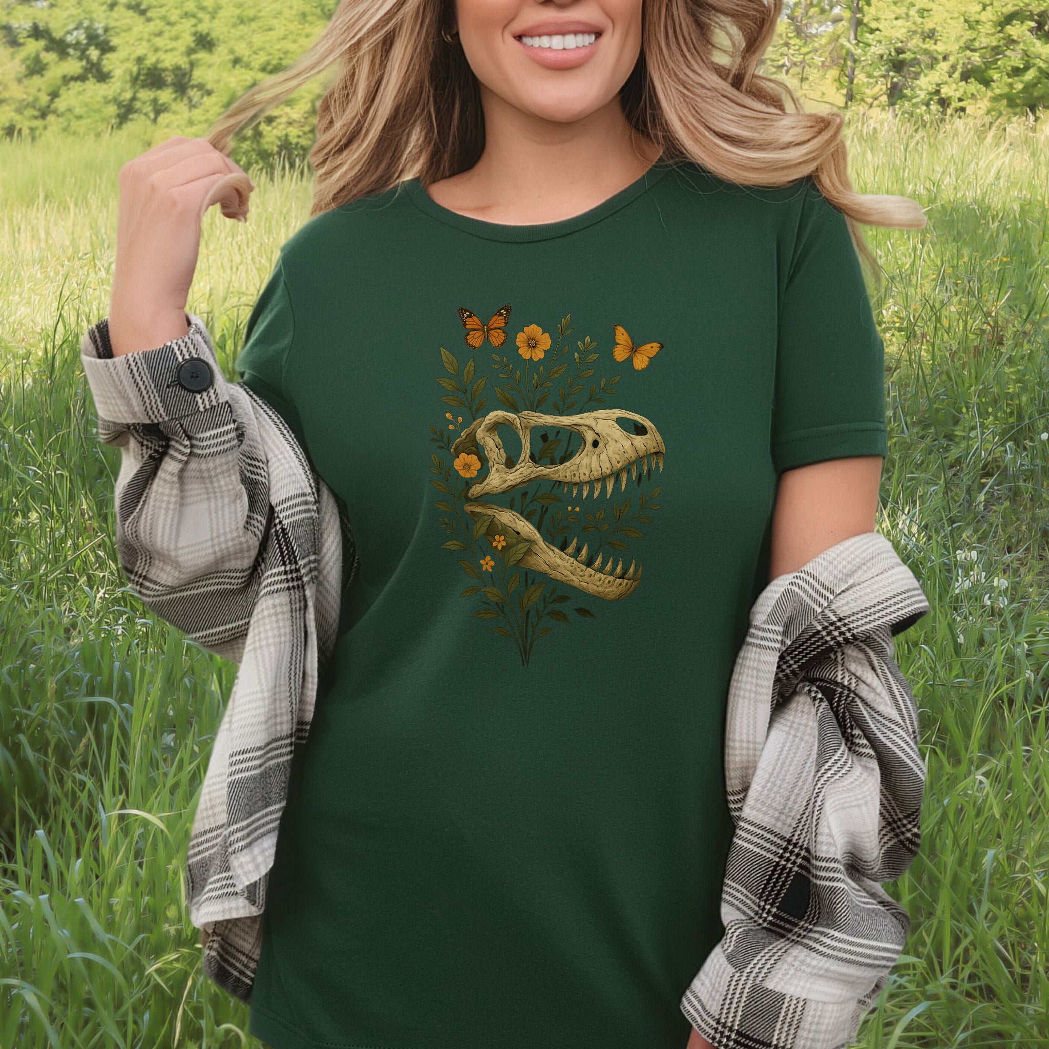 T-Rex Skull with Flowers & Butterflies T-Shirt – Vintage Dino Lover Tee