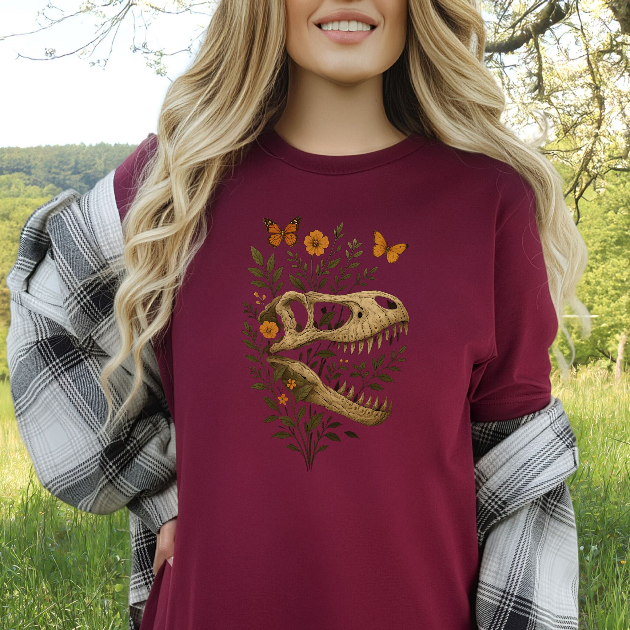 T-Rex Skull with Flowers & Butterflies T-Shirt – Vintage Dino Lover Tee