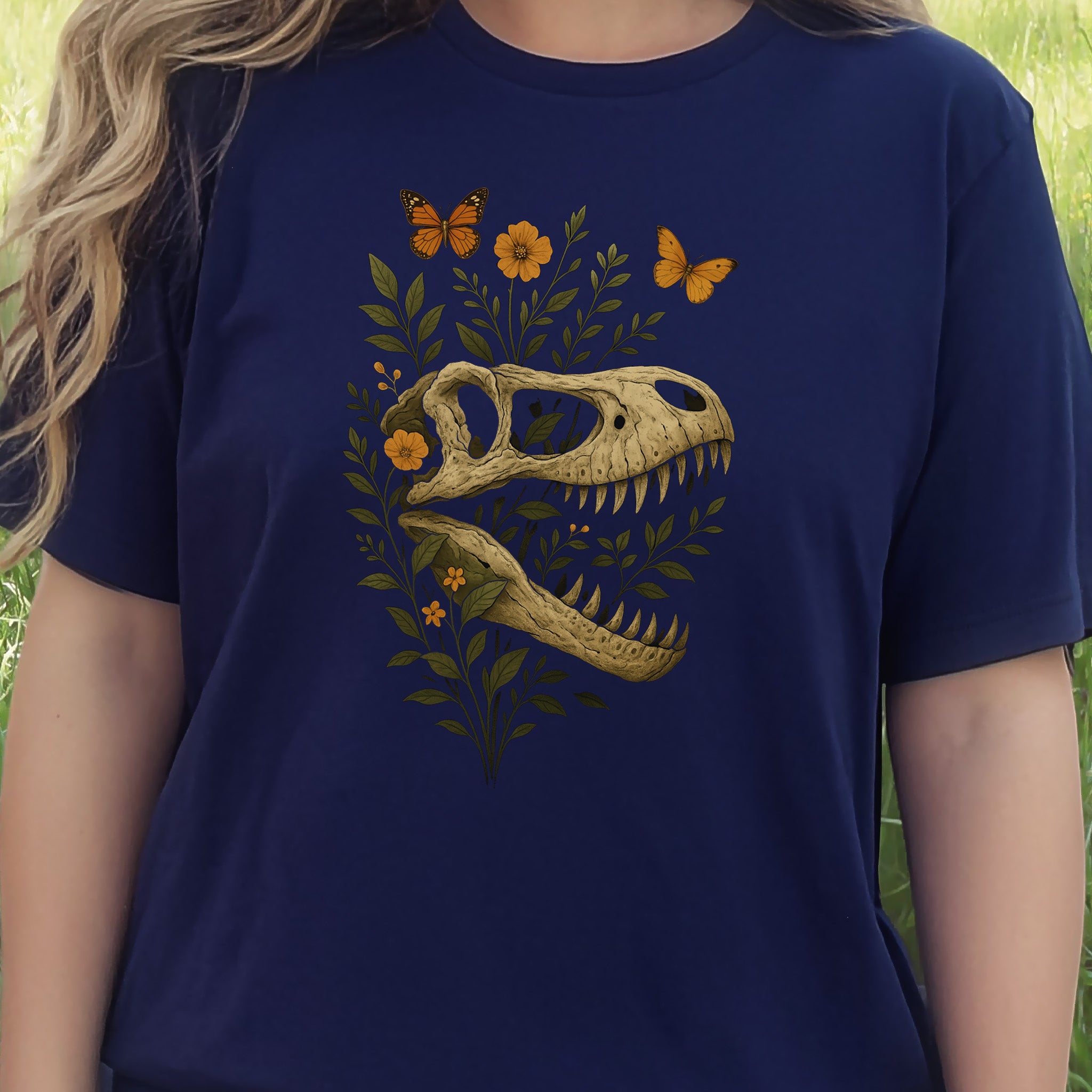T-Rex Skull with Flowers & Butterflies T-Shirt – Vintage Dino Lover Tee