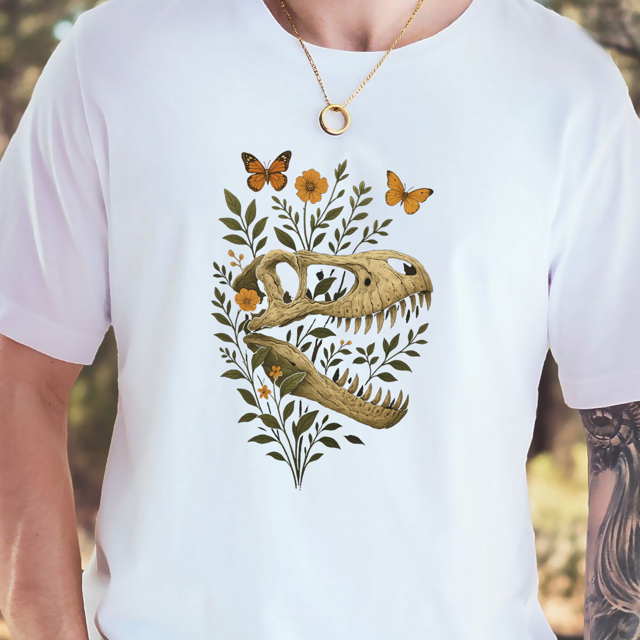 T-Rex Skull with Flowers & Butterflies T-Shirt – Vintage Dino Lover Tee