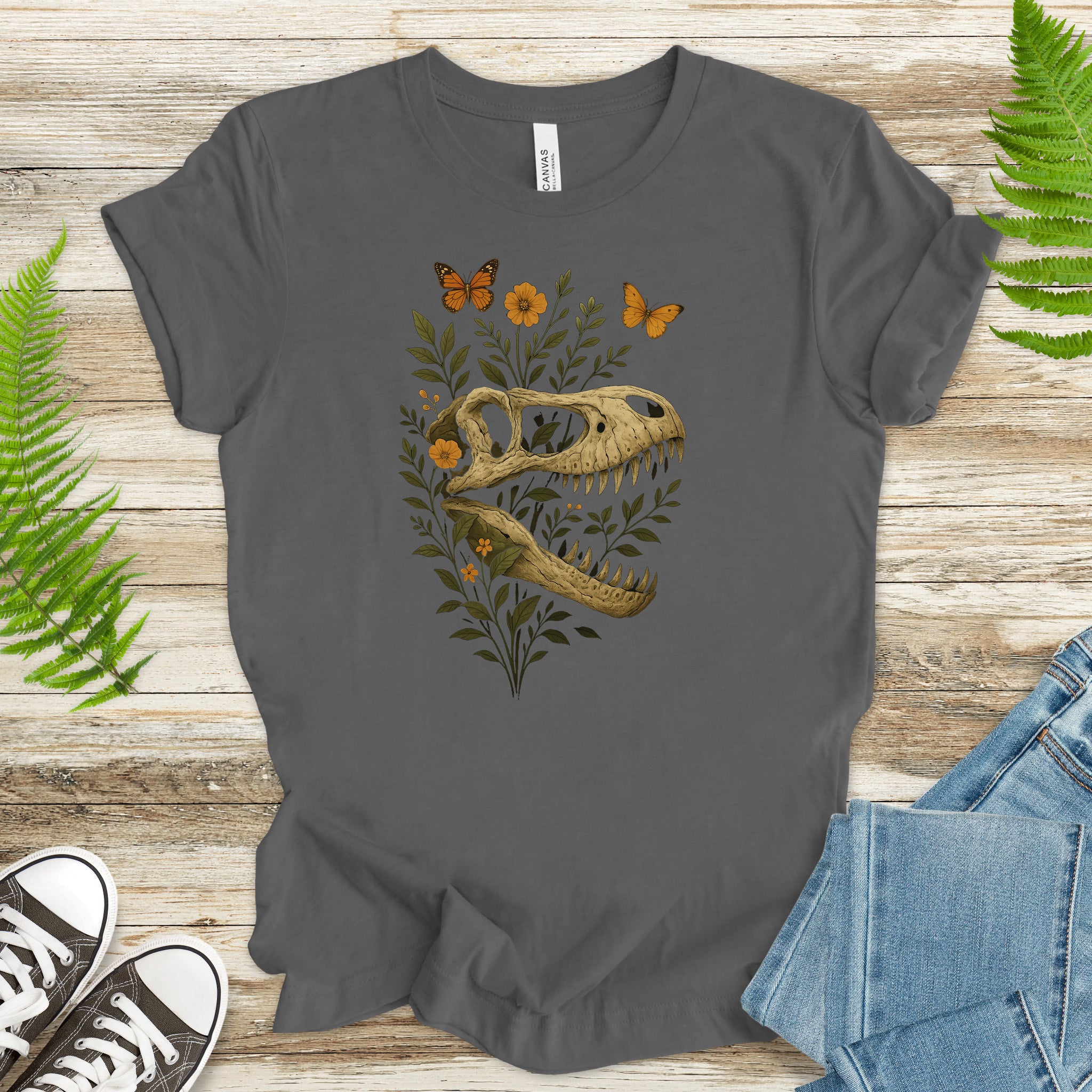 T-Rex Skull with Flowers & Butterflies T-Shirt – Vintage Dino Lover Tee