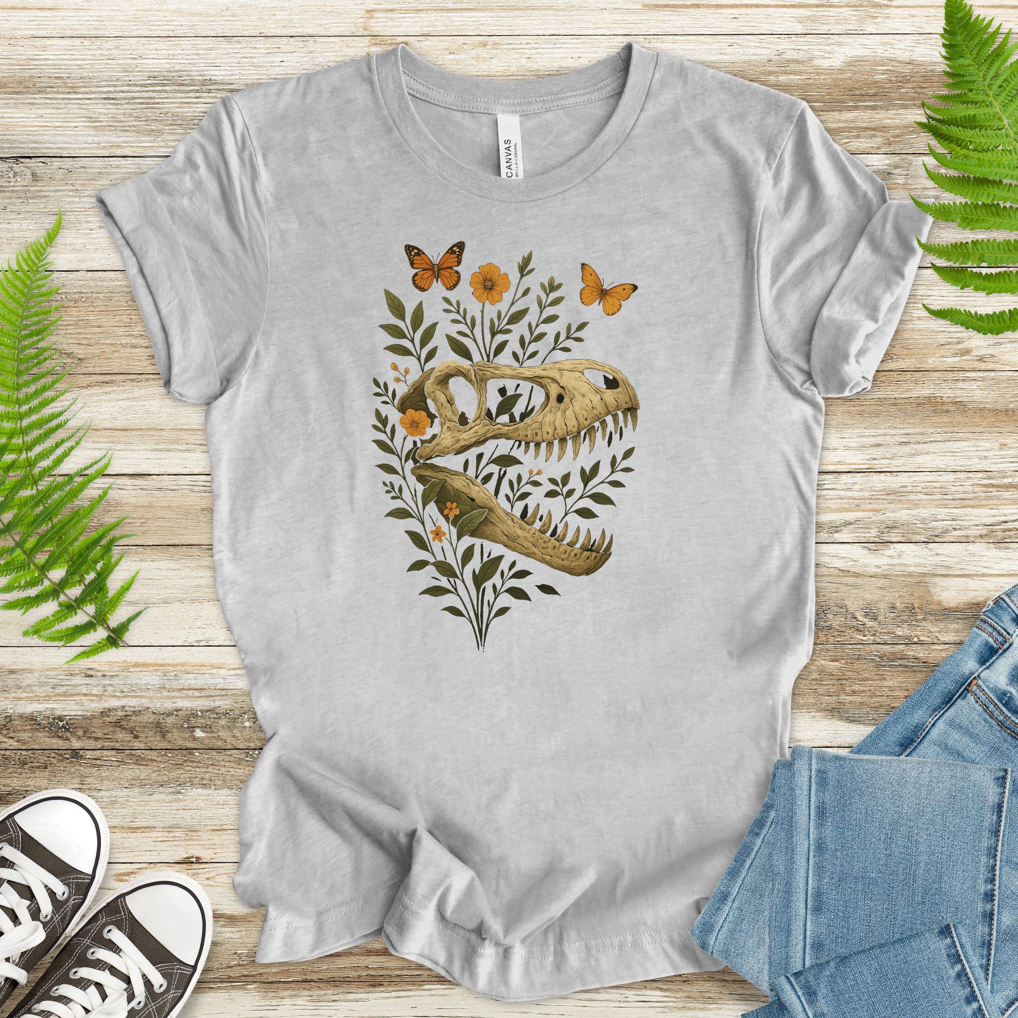 T-Rex Skull with Flowers & Butterflies T-Shirt – Vintage Dino Lover Tee