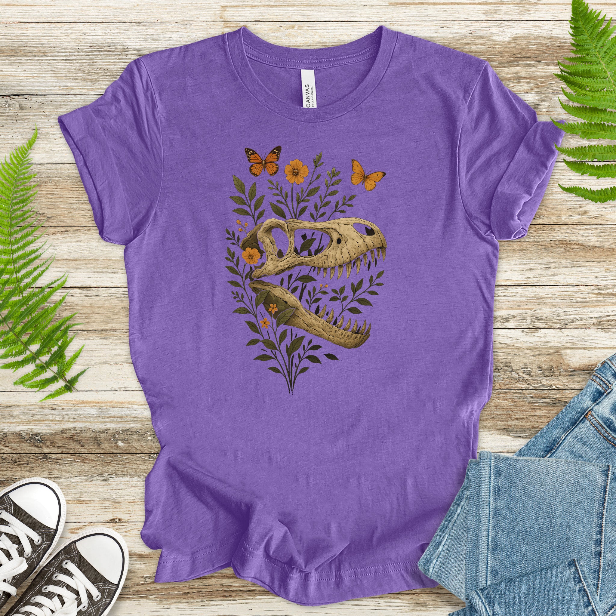 T-Rex Skull with Flowers & Butterflies T-Shirt – Vintage Dino Lover Tee