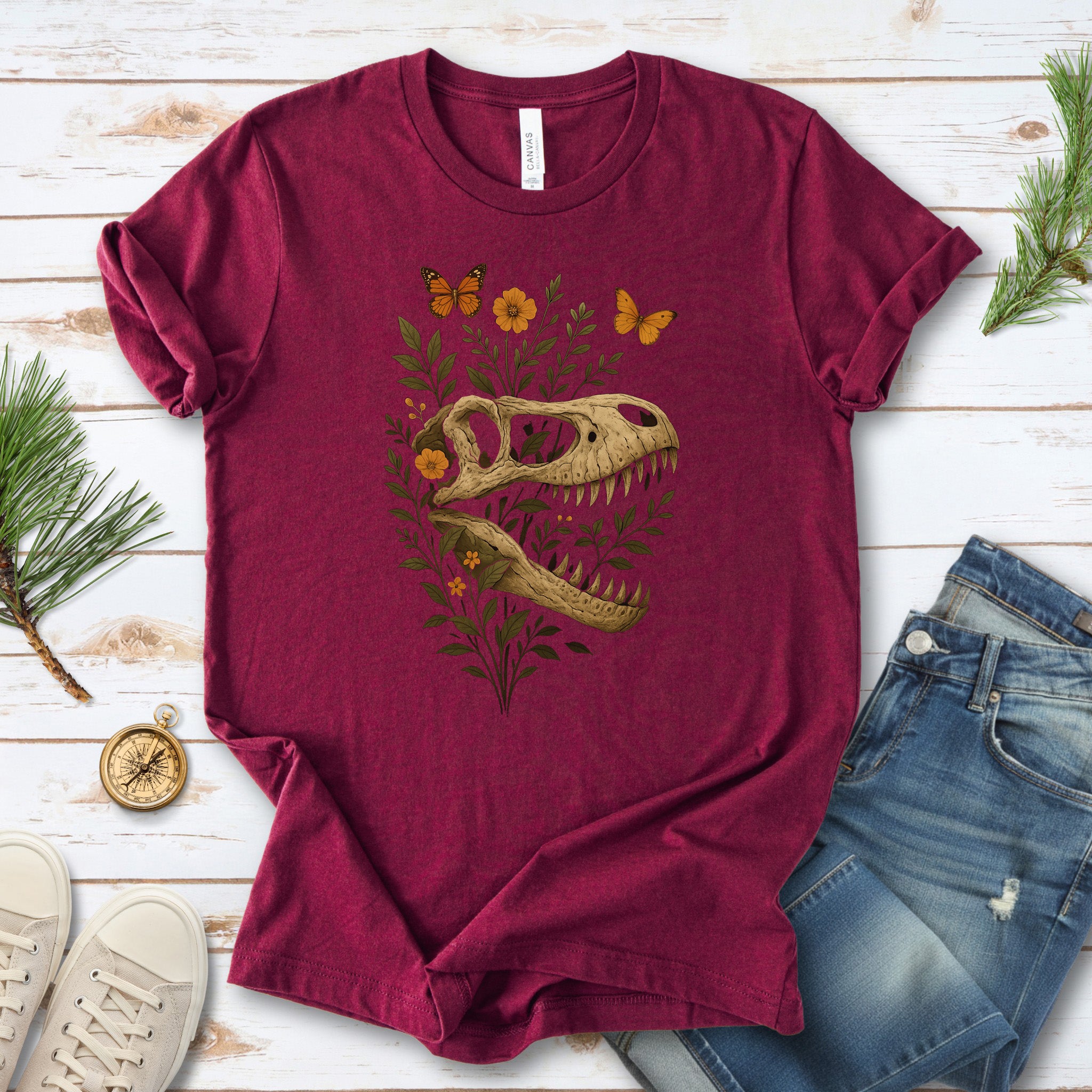 T-Rex Skull with Flowers & Butterflies T-Shirt – Vintage Dino Lover Tee