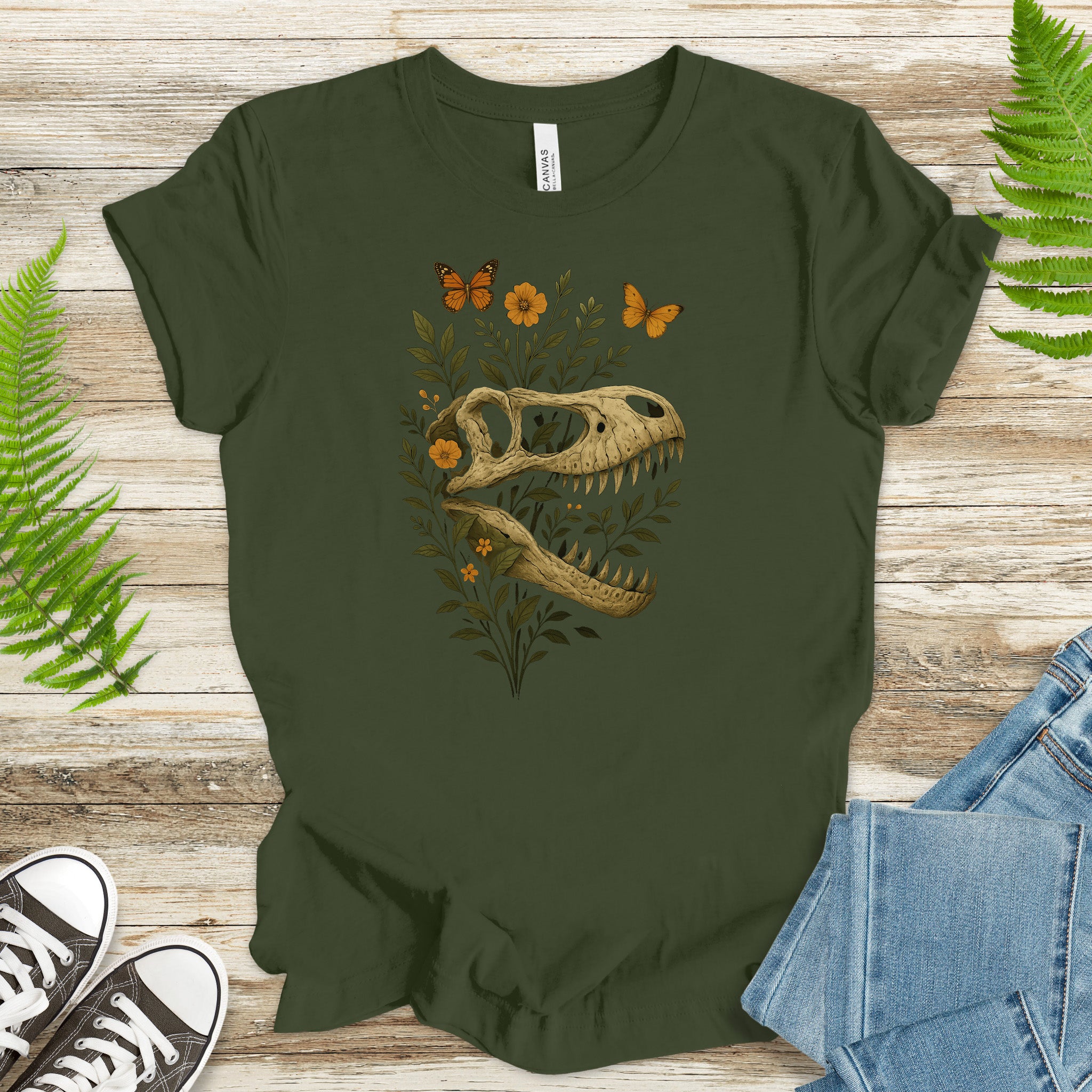 T-Rex Skull with Flowers & Butterflies T-Shirt – Vintage Dino Lover Tee