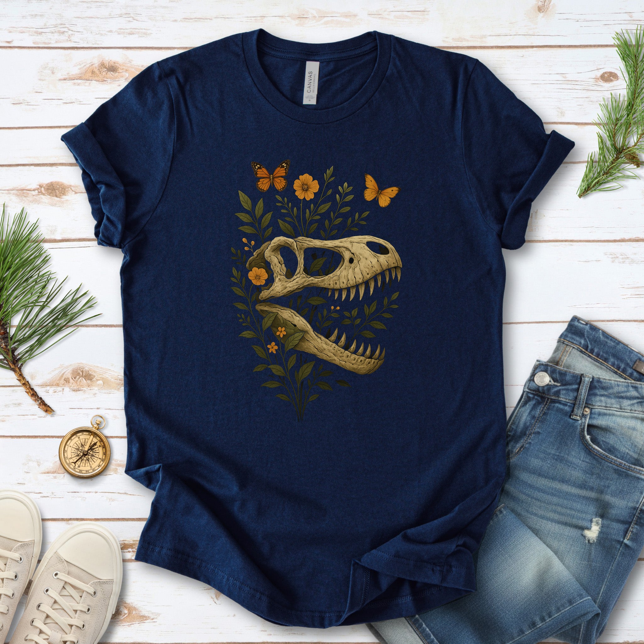 T-Rex Skull with Flowers & Butterflies T-Shirt – Vintage Dino Lover Tee