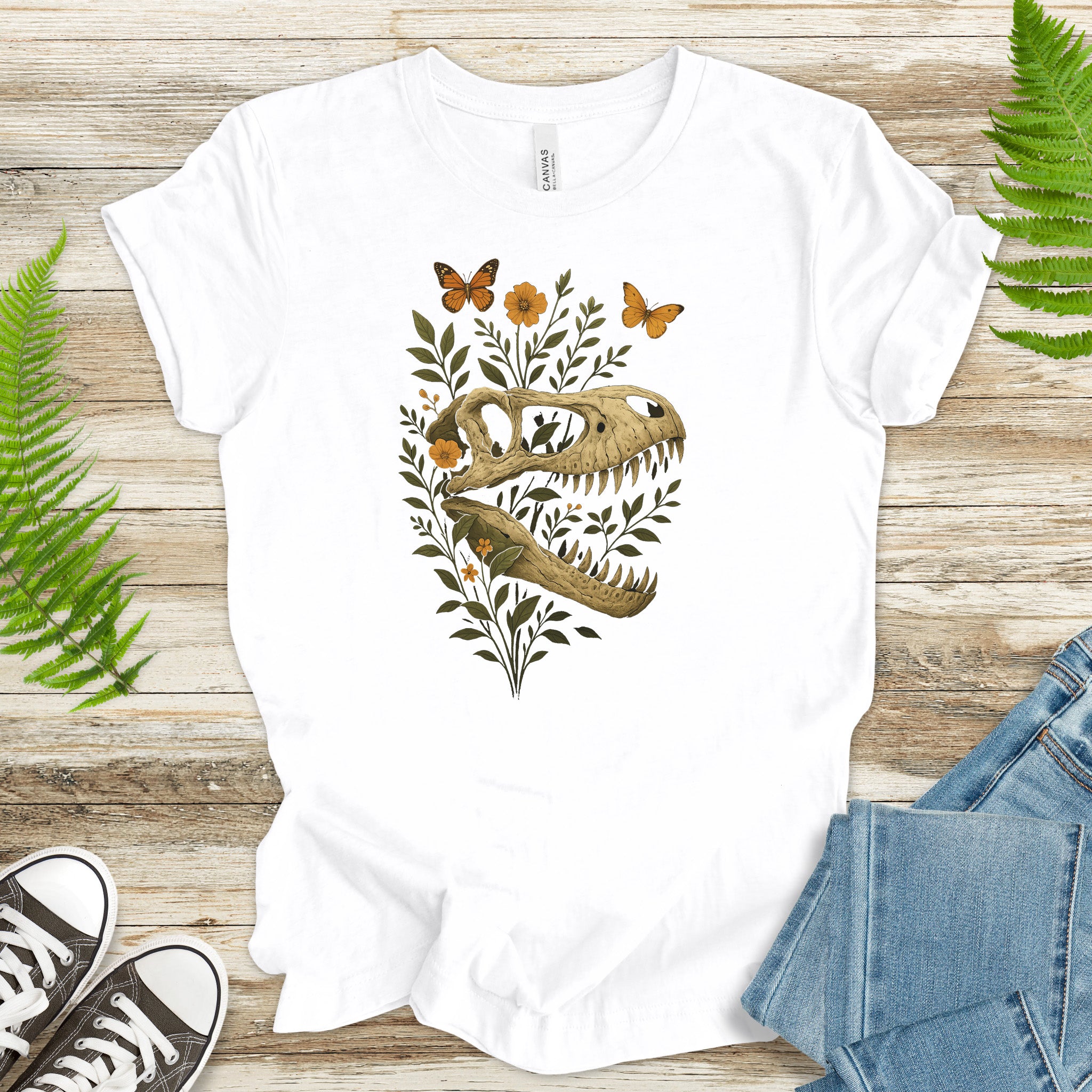 T-Rex Skull with Flowers & Butterflies T-Shirt – Vintage Dino Lover Tee