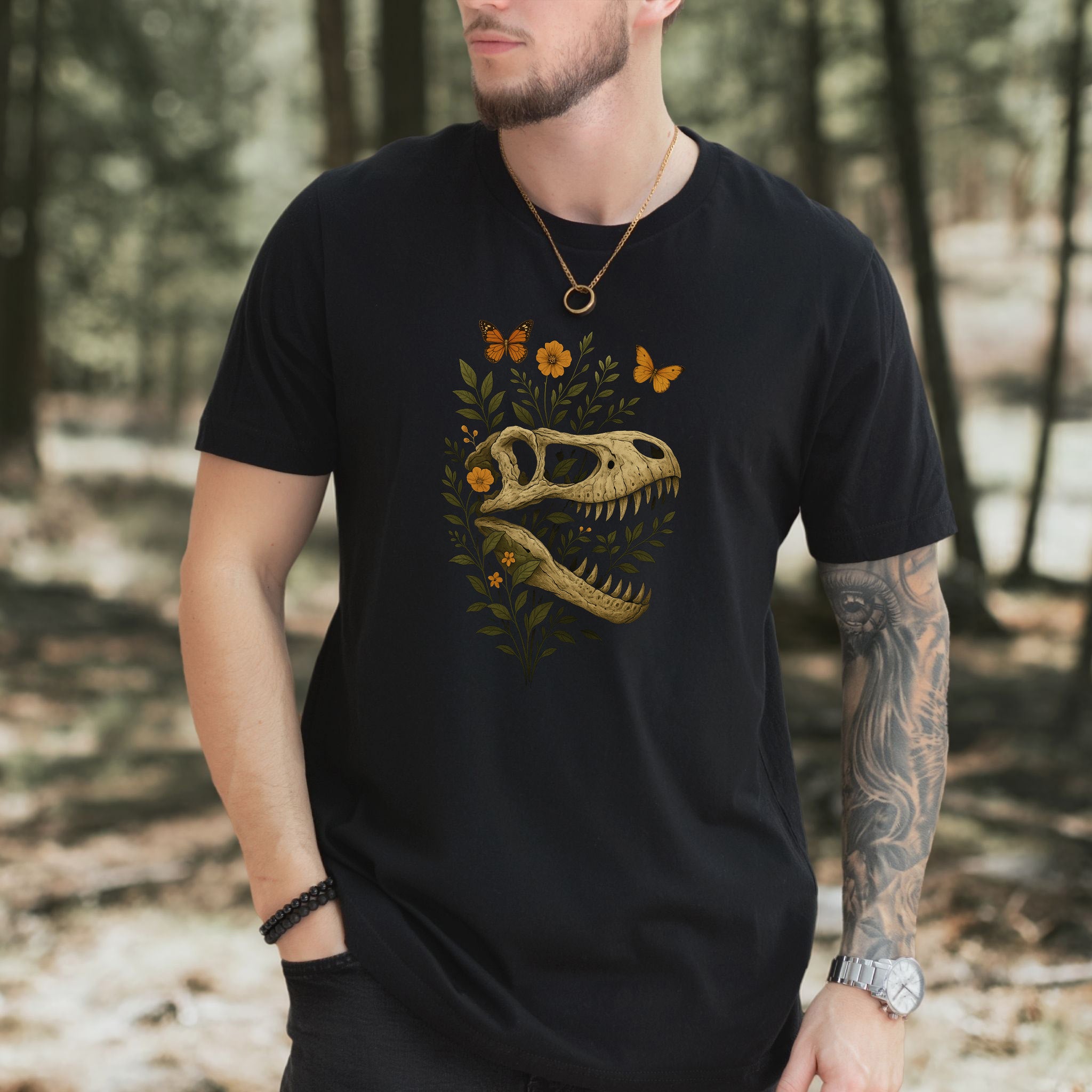 T-Rex Skull with Flowers & Butterflies T-Shirt – Vintage Dino Lover Tee