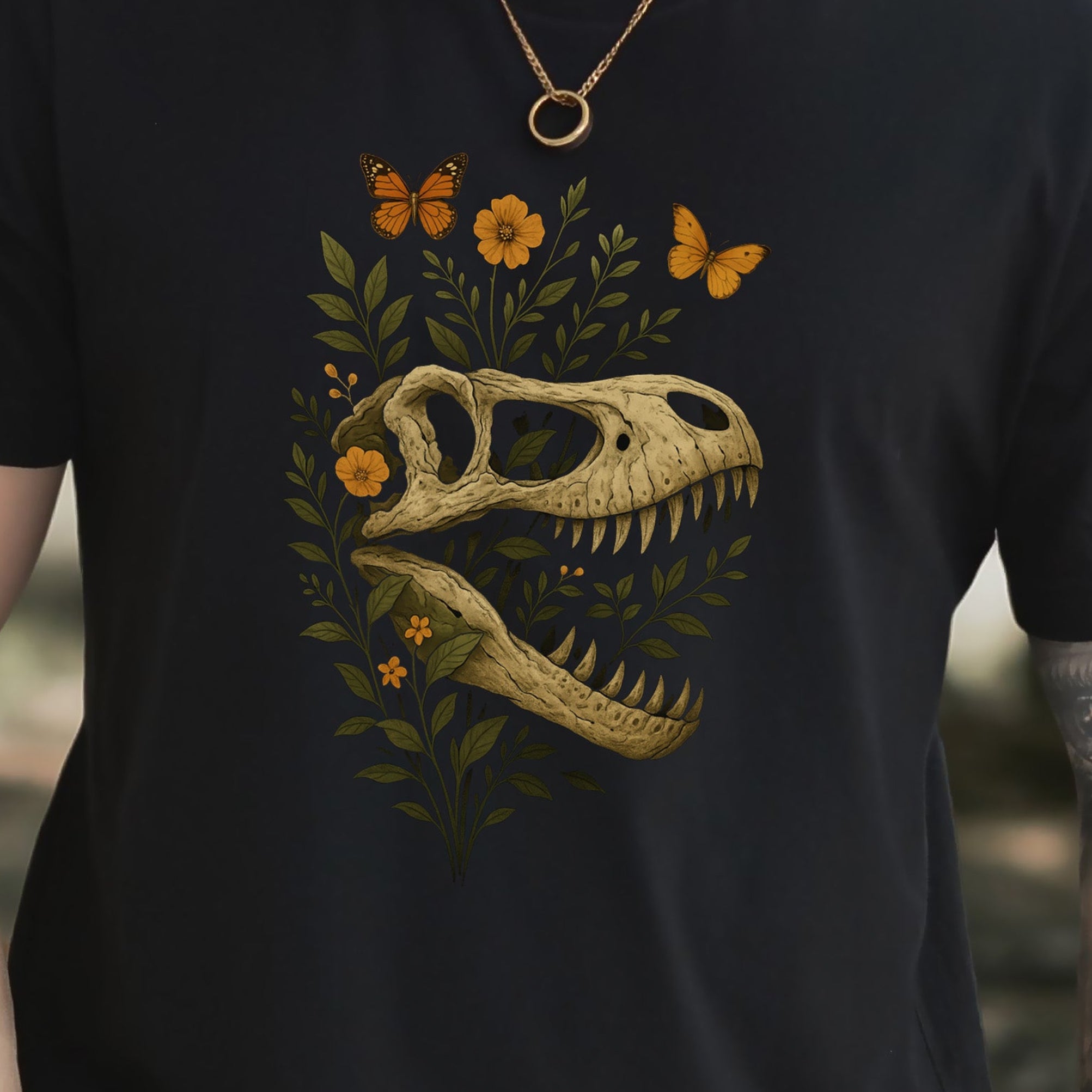 T-Rex Skull with Flowers & Butterflies T-Shirt – Vintage Dino Lover Tee