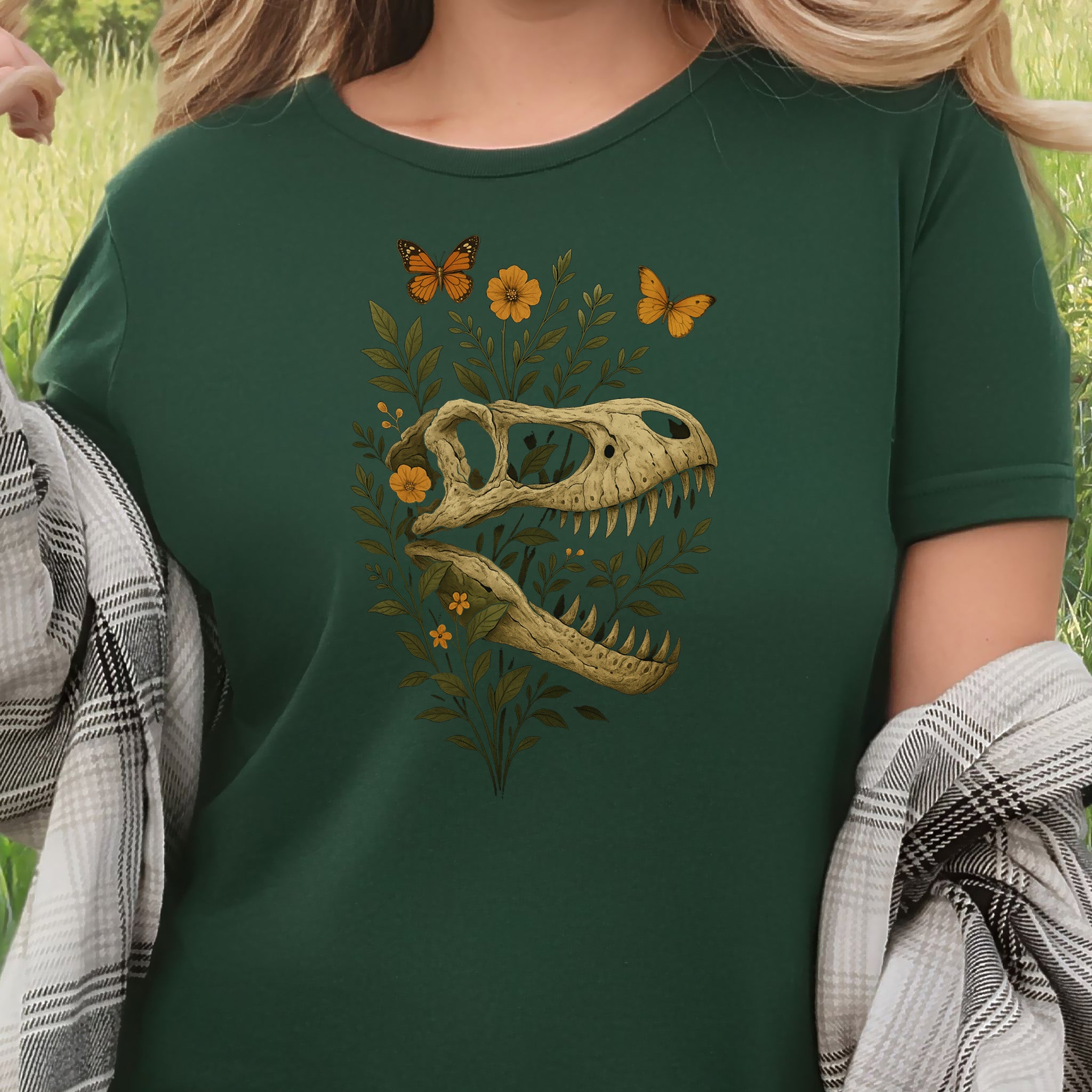 T-Rex Skull with Flowers & Butterflies T-Shirt – Vintage Dino Lover Tee