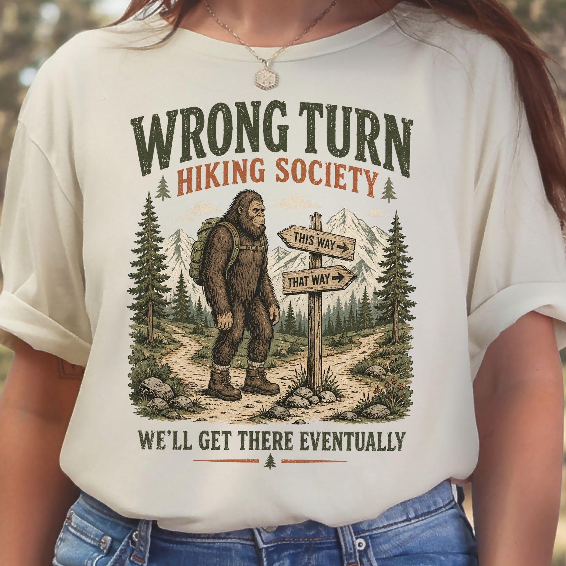 This Way Probably Bigfoot Hiking Humor Trail Sign Gift T-Shirt