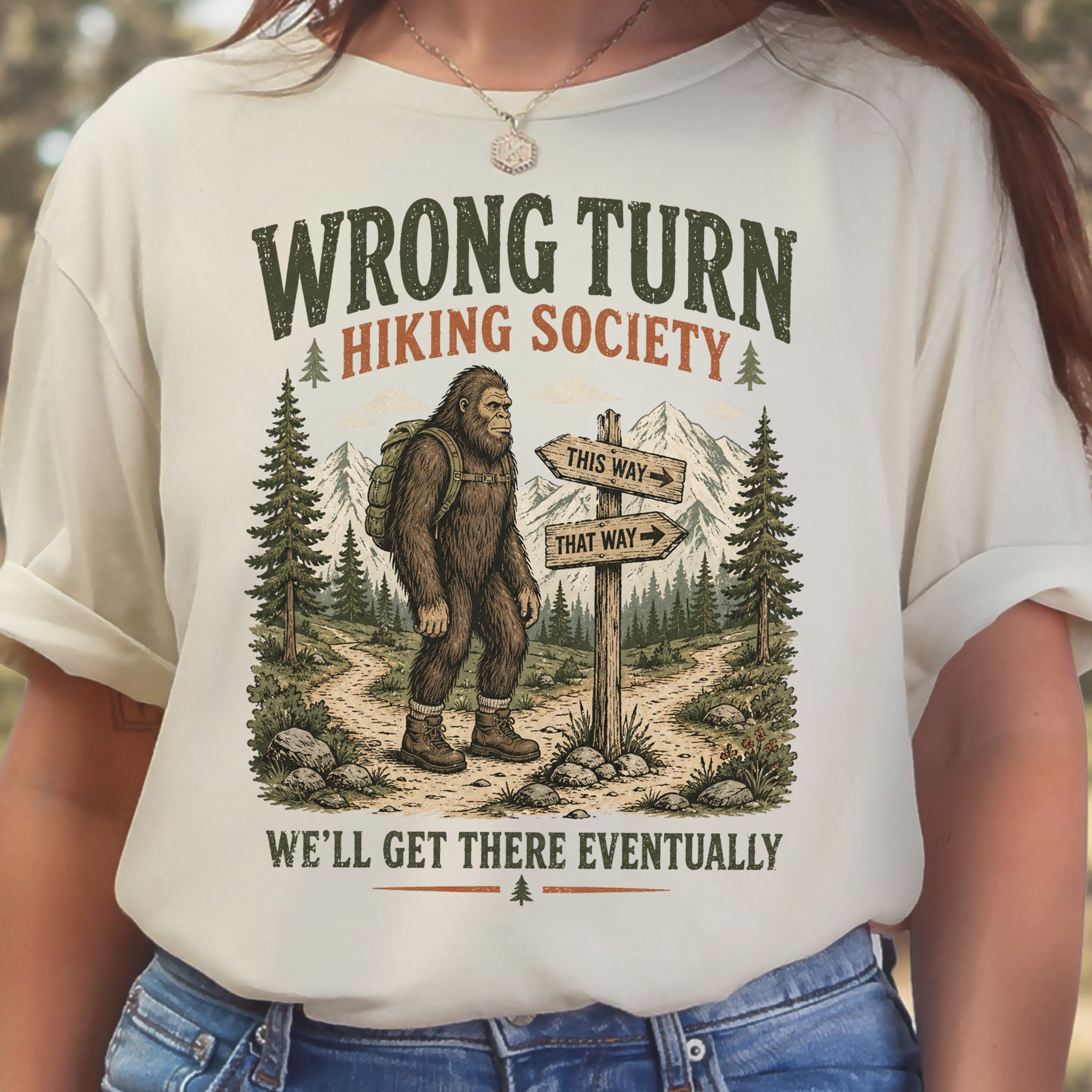This Way Probably Bigfoot Hiking Humor Trail Sign Gift T-Shirt