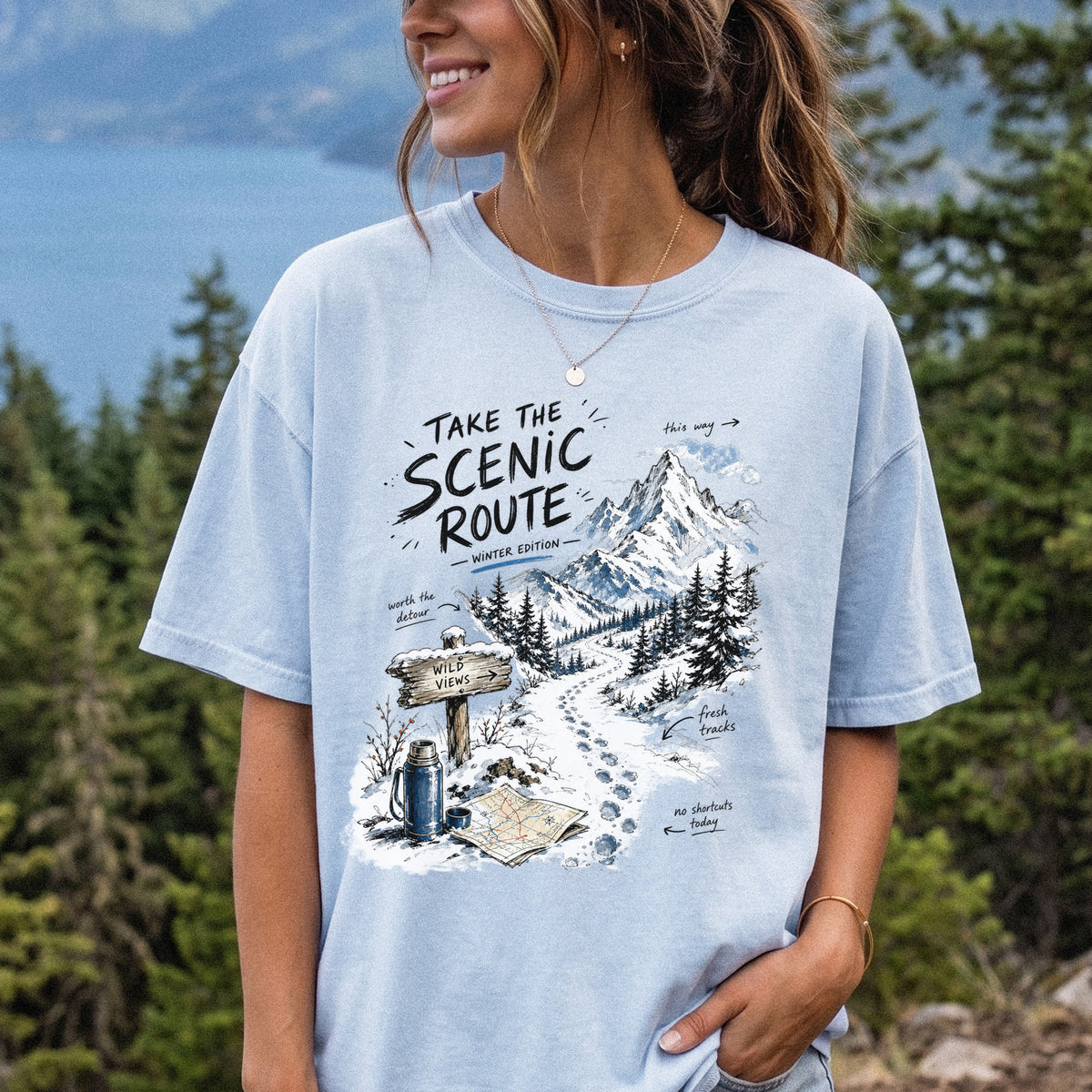 Take the Scenic Route Winter Edition Comfort Colors Shirt – Scenic Hiking Tee