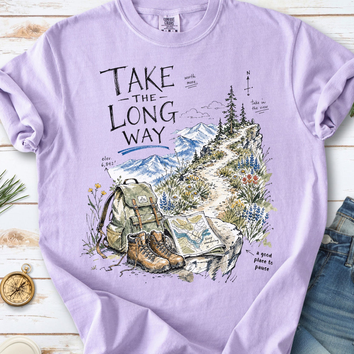 Take the Long Way Comfort Colors Shirt – Watercolor Hiking T-Shirt