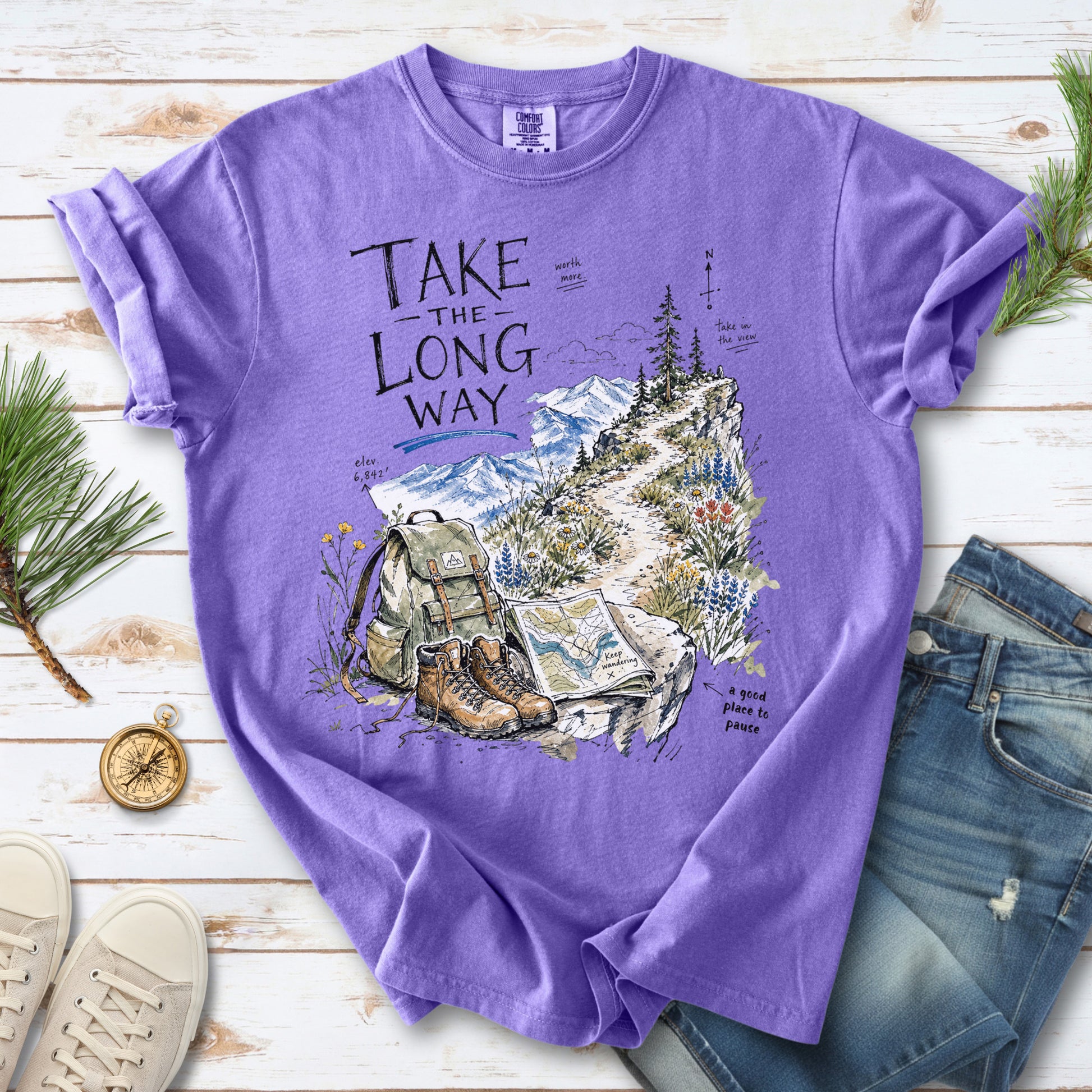 Take the Long Way Comfort Colors Shirt – Watercolor Hiking T-Shirt