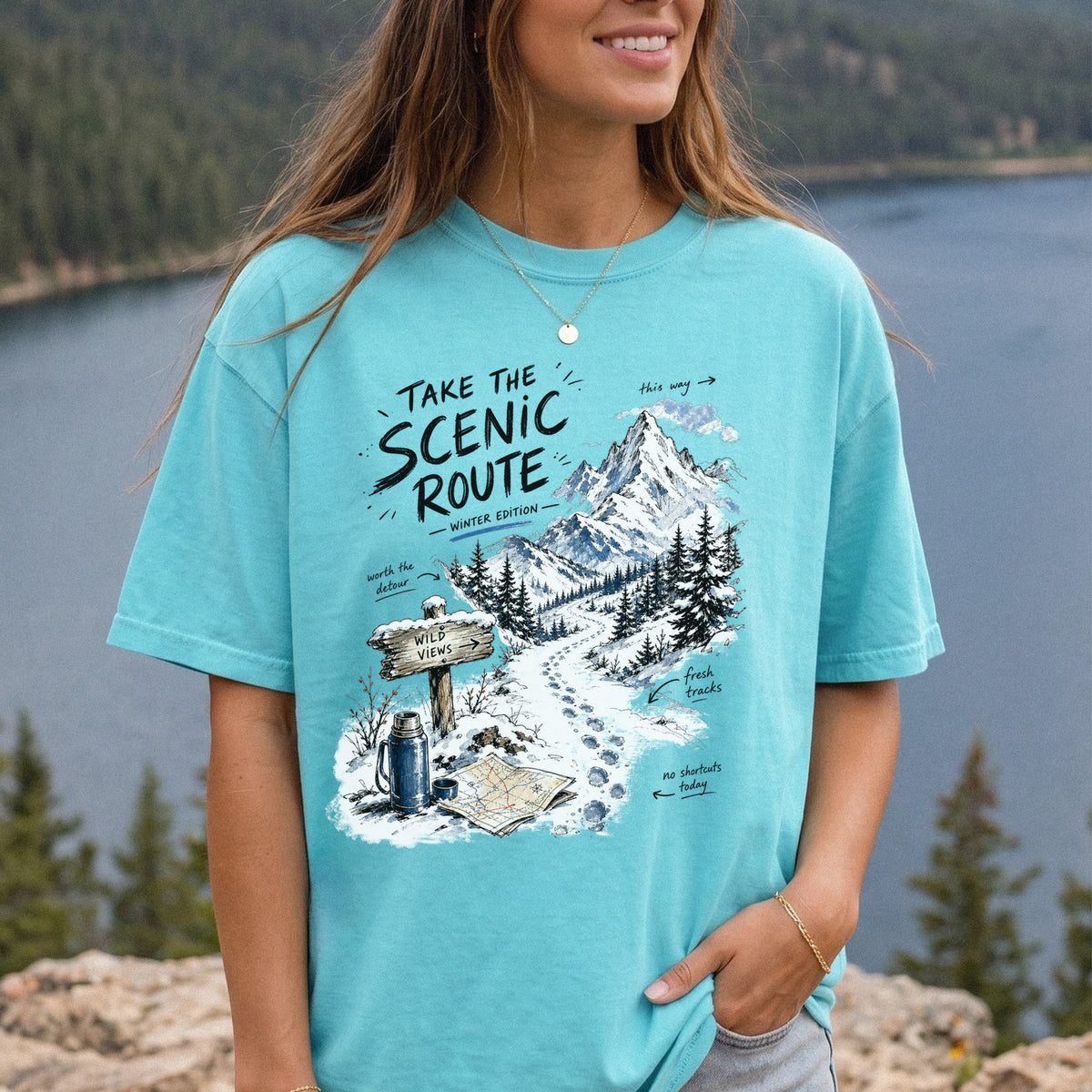 Take the Scenic Route Winter Edition Comfort Colors Shirt – Scenic Hiking Tee