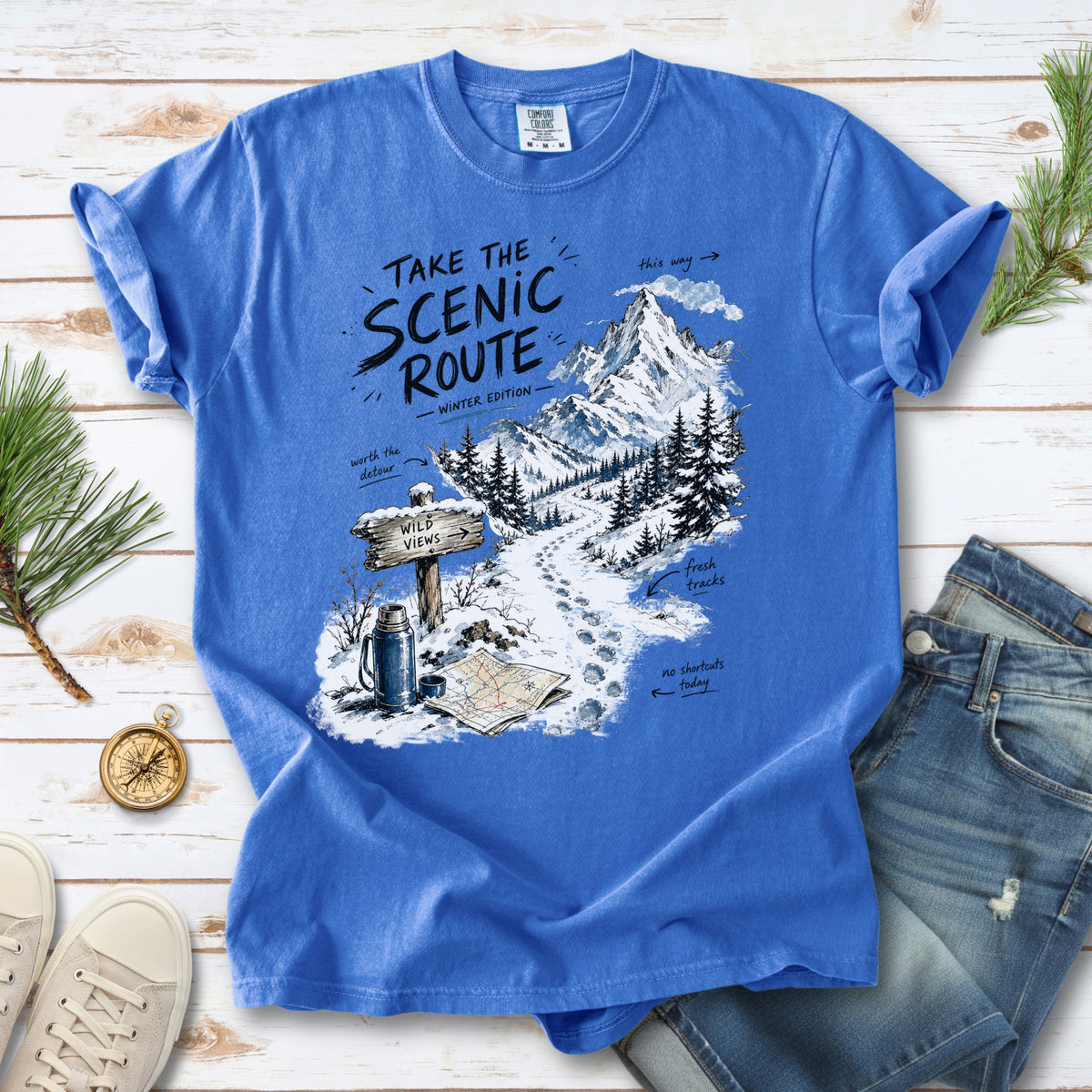 Take the Scenic Route Winter Edition Comfort Colors Shirt – Scenic Hiking Tee