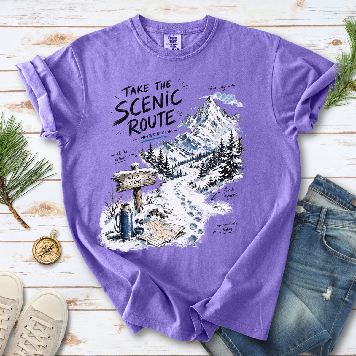 Take the Scenic Route Winter Edition Comfort Colors Shirt – Scenic Hiking Tee