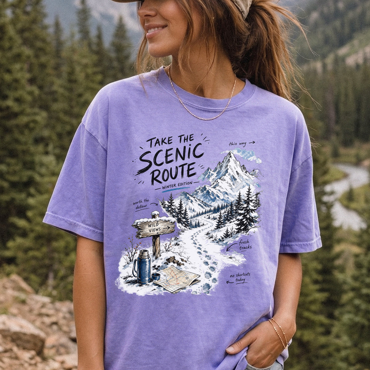 Take the Scenic Route Winter Edition Comfort Colors Shirt – Scenic Hiking Tee
