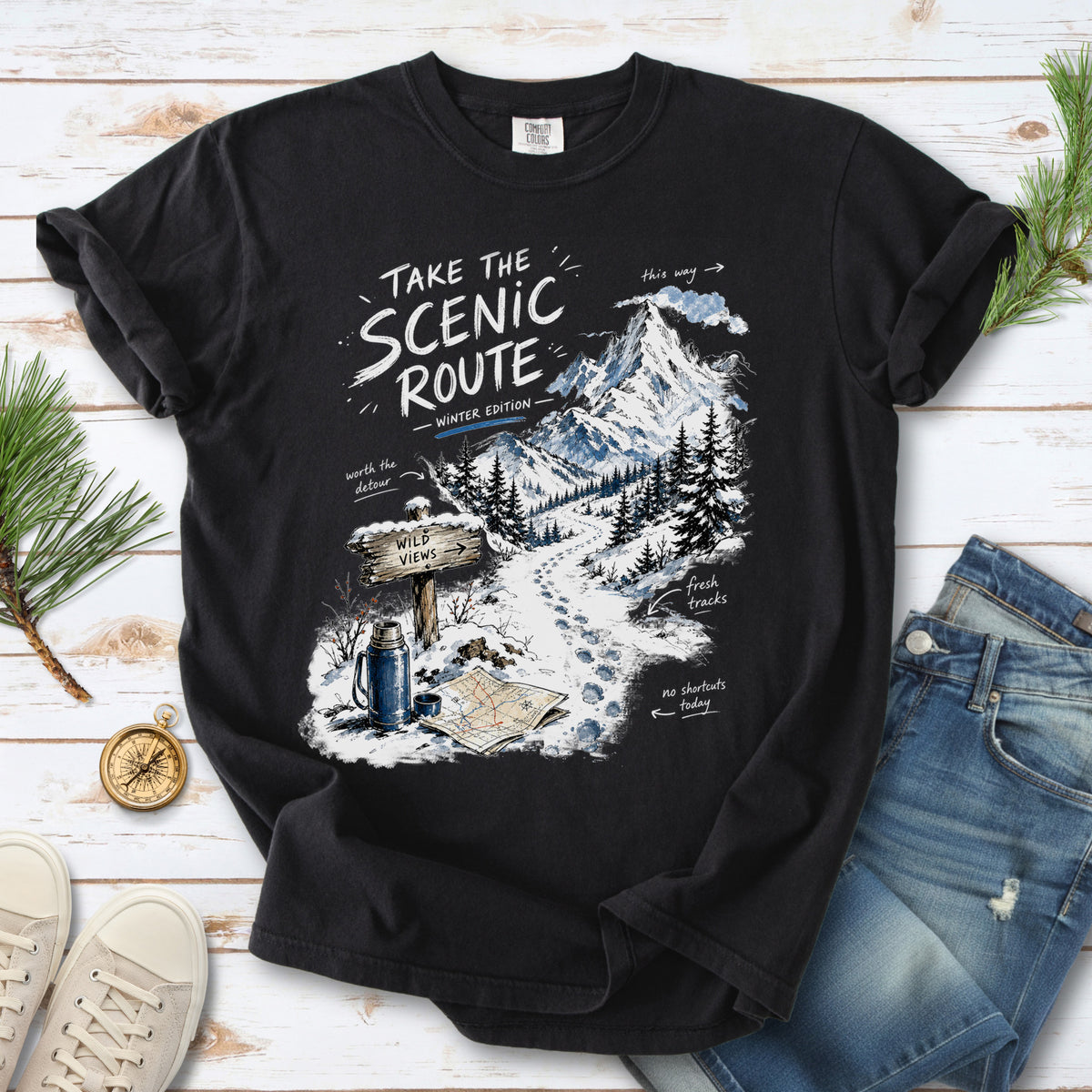 Take the Scenic Route Winter Edition Comfort Colors Shirt – Scenic Hiking Tee