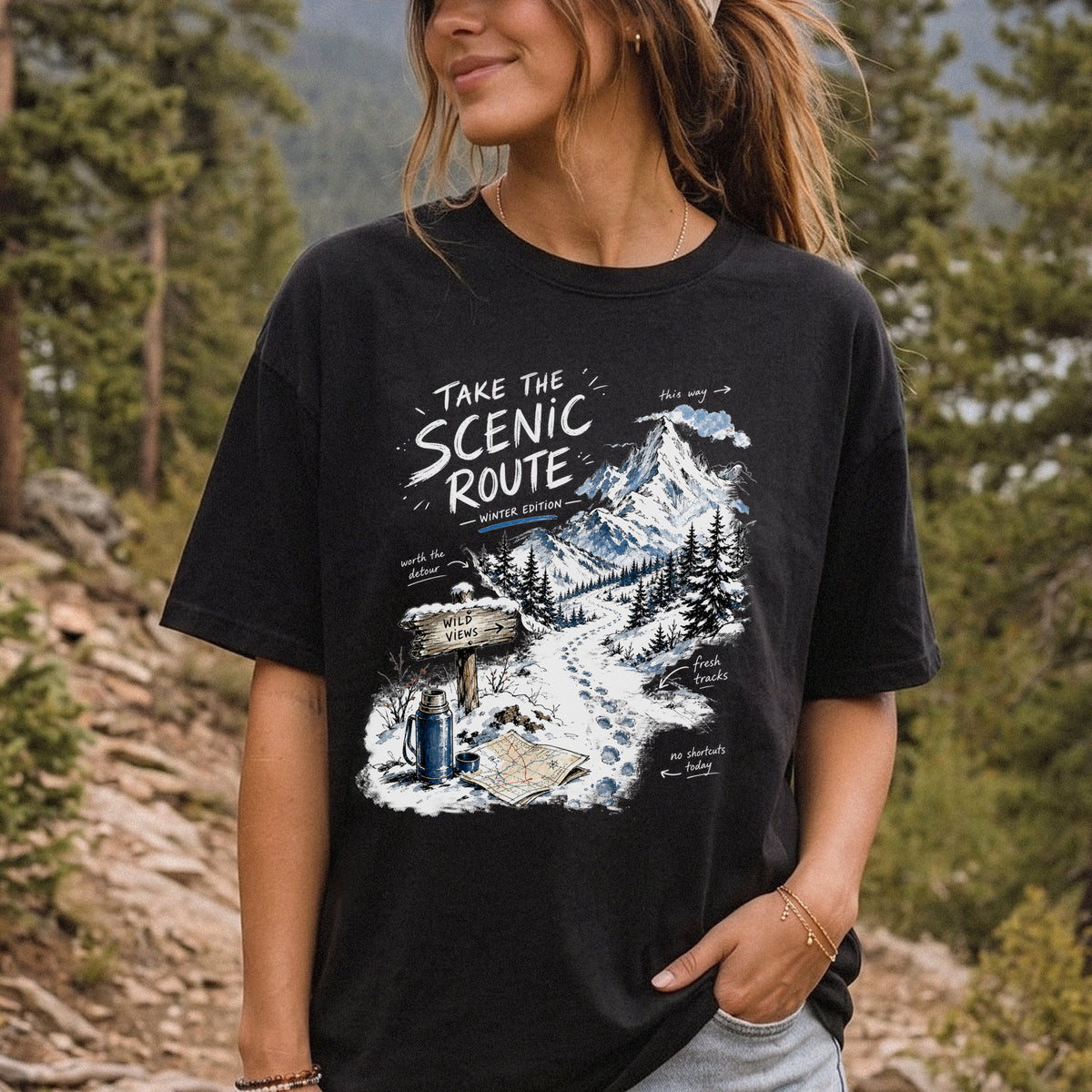 Take the Scenic Route Winter Edition Comfort Colors Shirt – Scenic Hiking Tee